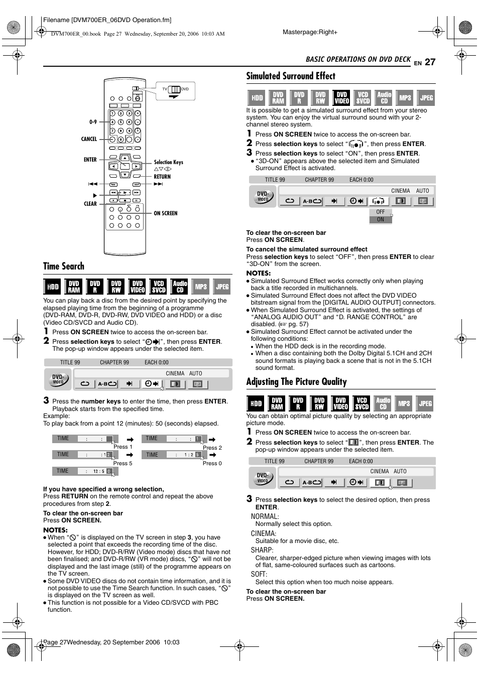 Time search, Simulated surround effect, Adjusting the picture quality | A pg. 27, A pg. 27), Tion, Or picture control function | JVC SR-DVM700ER User Manual | Page 27 / 84