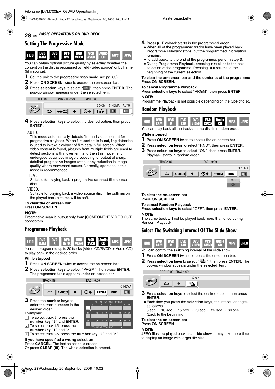Setting the progressive mode, Programme playback, Random playback | Select the switching interval of the slide show, Prgm), A pg. 28, A pg. 28) | JVC SR-DVM700ER User Manual | Page 28 / 84