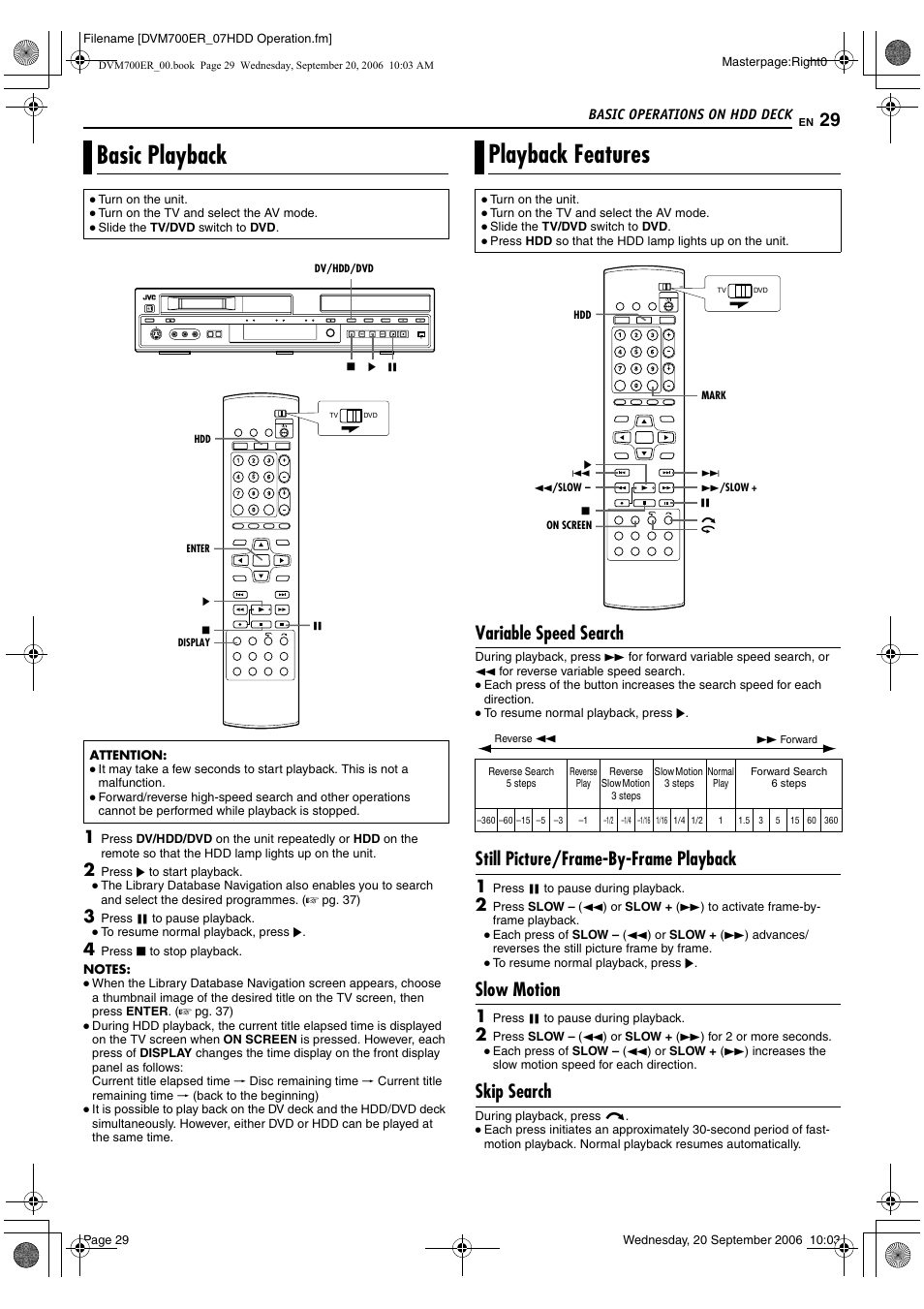 Basic operations on hdd deck, Basic playback, Playback features | Variable speed search, Still picture/frame-by-frame playback, Slow motion, Skip search, Basic playback playback features, A pg. 29 | JVC SR-DVM700ER User Manual | Page 29 / 84