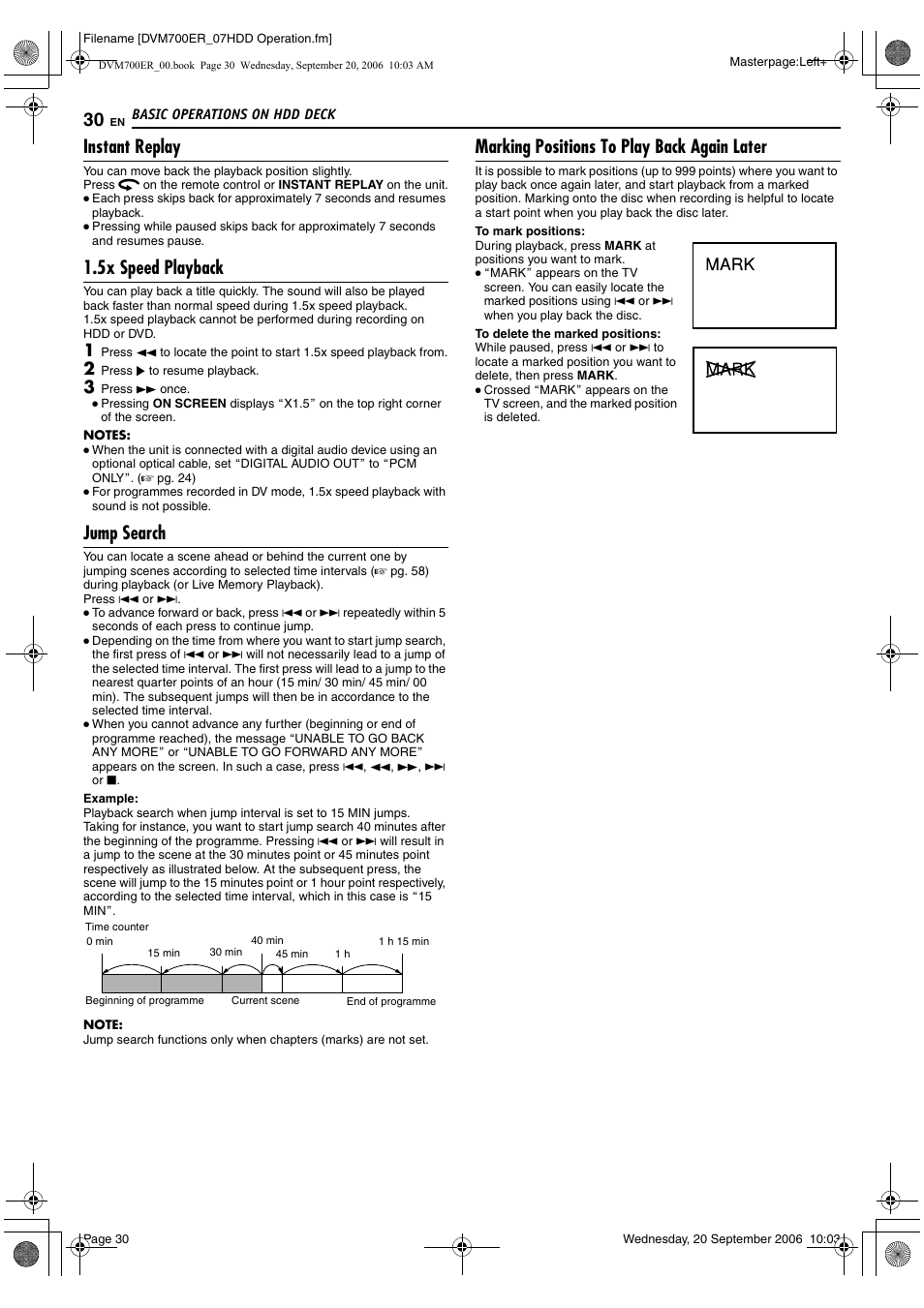 Instant replay, 5x speed playback, Jump search | Marking positions to play back again later | JVC SR-DVM700ER User Manual | Page 30 / 84