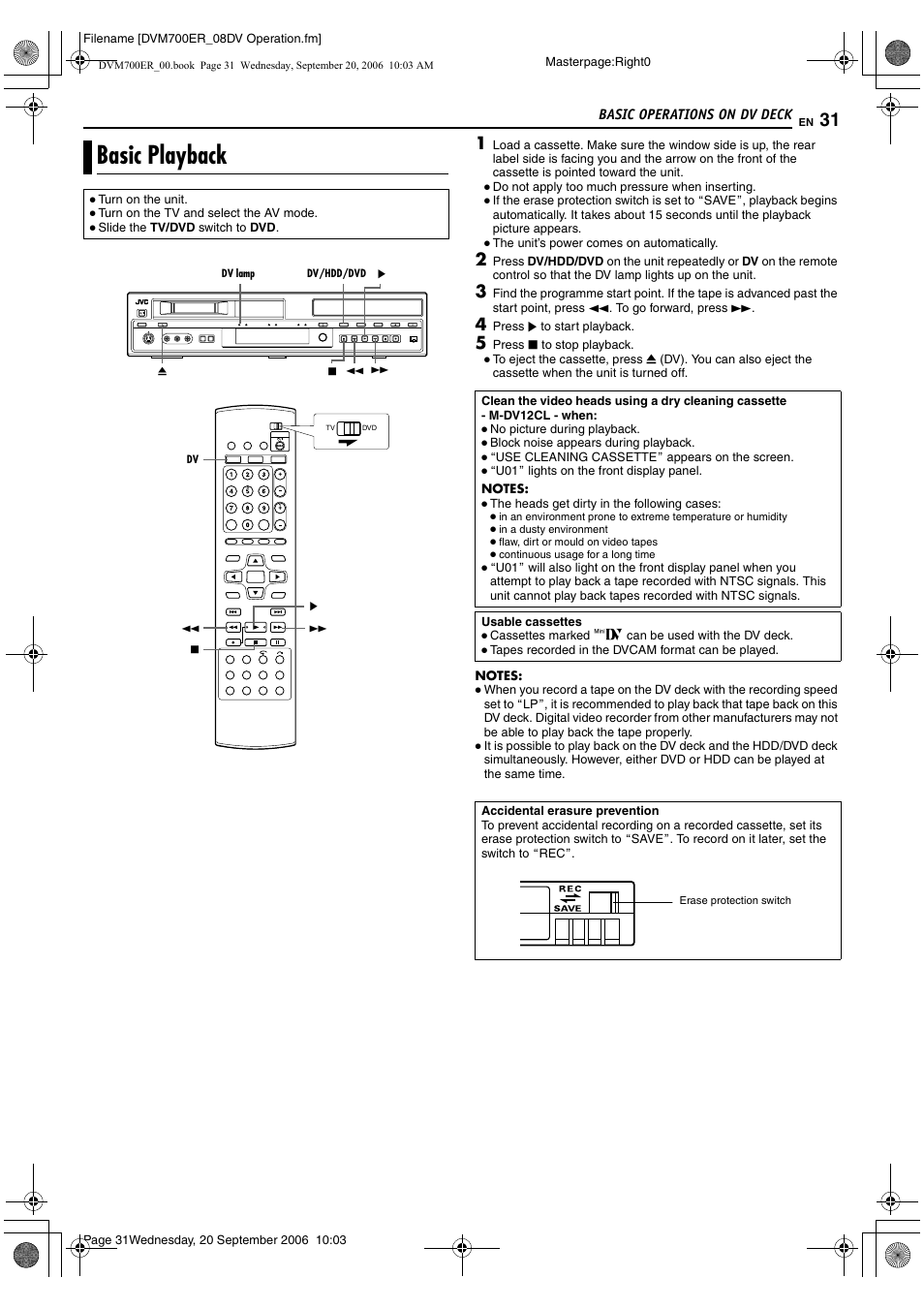 Basic operations on dv deck, Basic playback, A pg. 31 | A pg. 31, 32 | JVC SR-DVM700ER User Manual | Page 31 / 84