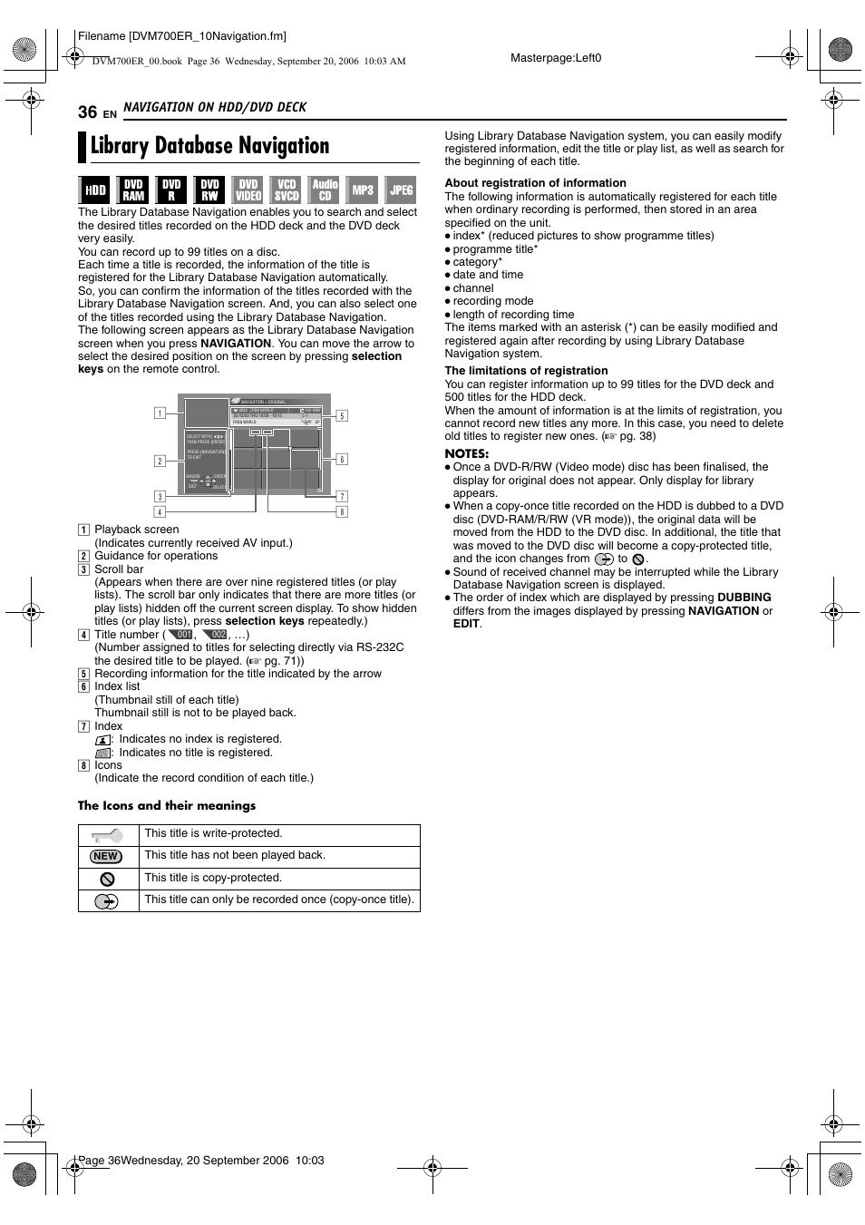 Navigation on hdd/dvd deck, Library database navigation, A pg. 36, 43 | Pg. 36) | JVC SR-DVM700ER User Manual | Page 36 / 84