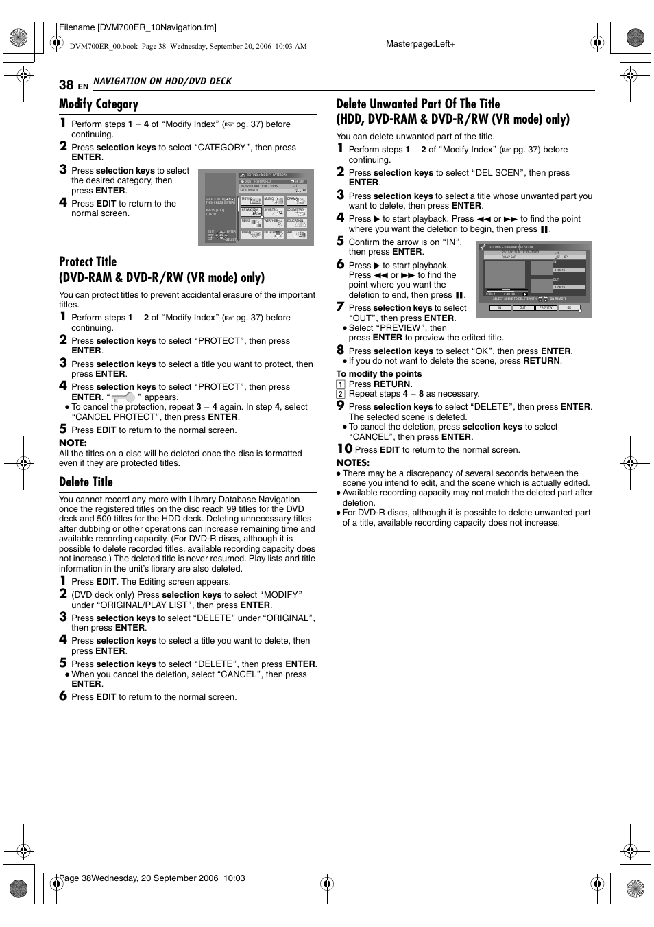 Modify category, Protect title (dvd-ram & dvd-r/rw (vr mode) only), Delete title | A pg. 38), Navigation on hdd/dvd deck | JVC SR-DVM700ER User Manual | Page 38 / 84