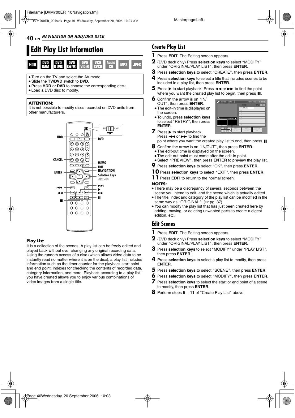 Edit play list information, Create play list, Edit scenes | Navigation on hdd/dvd deck | JVC SR-DVM700ER User Manual | Page 40 / 84