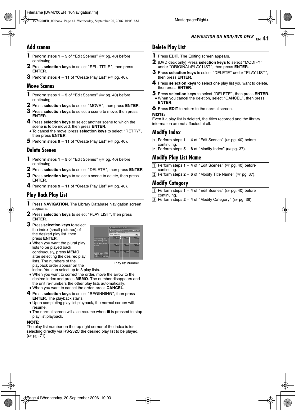Add scenes, Move scenes, Delete scenes | Play back play list, Delete play list, Modify index, Modify play list name, Modify category | JVC SR-DVM700ER User Manual | Page 41 / 84