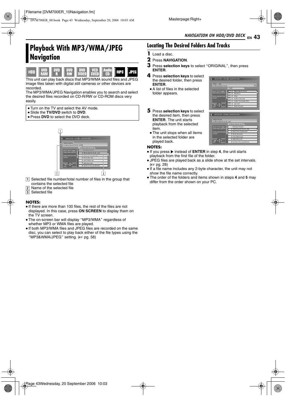 Playback with mp3/wma/jpeg navigation, Locating the desired folders and tracks, Is unit | A pg. 43), Aplayback with mp3/wma, Jpeg navigation, B (a pg. 43), Navigation on hdd/dvd deck, Masterpage:right, Load a disc | JVC SR-DVM700ER User Manual | Page 43 / 84