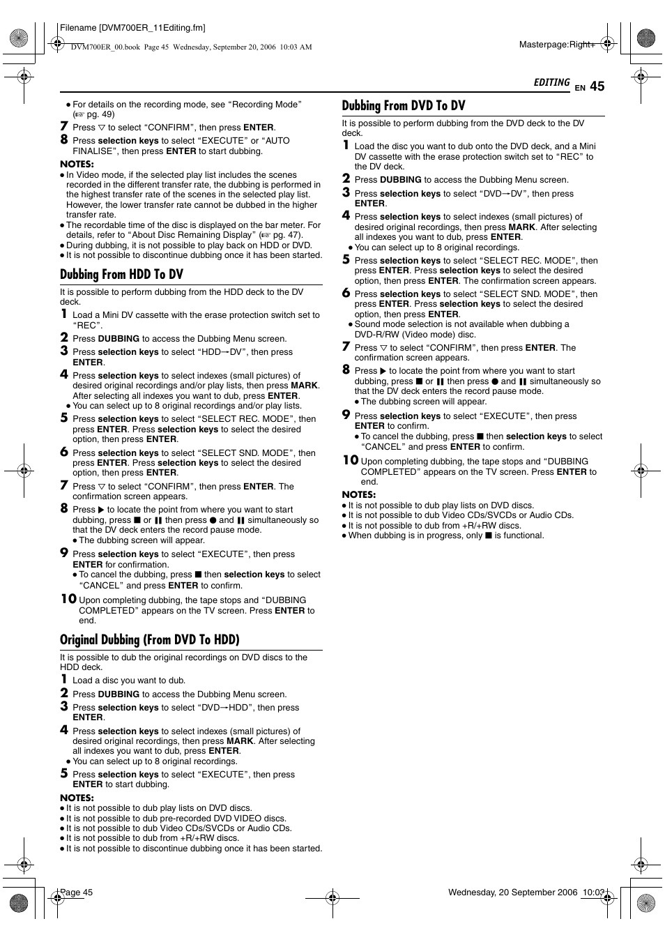 Dubbing from hdd to dv, Original dubbing (from dvd to hdd), Dubbing from dvd to dv | JVC SR-DVM700ER User Manual | Page 45 / 84
