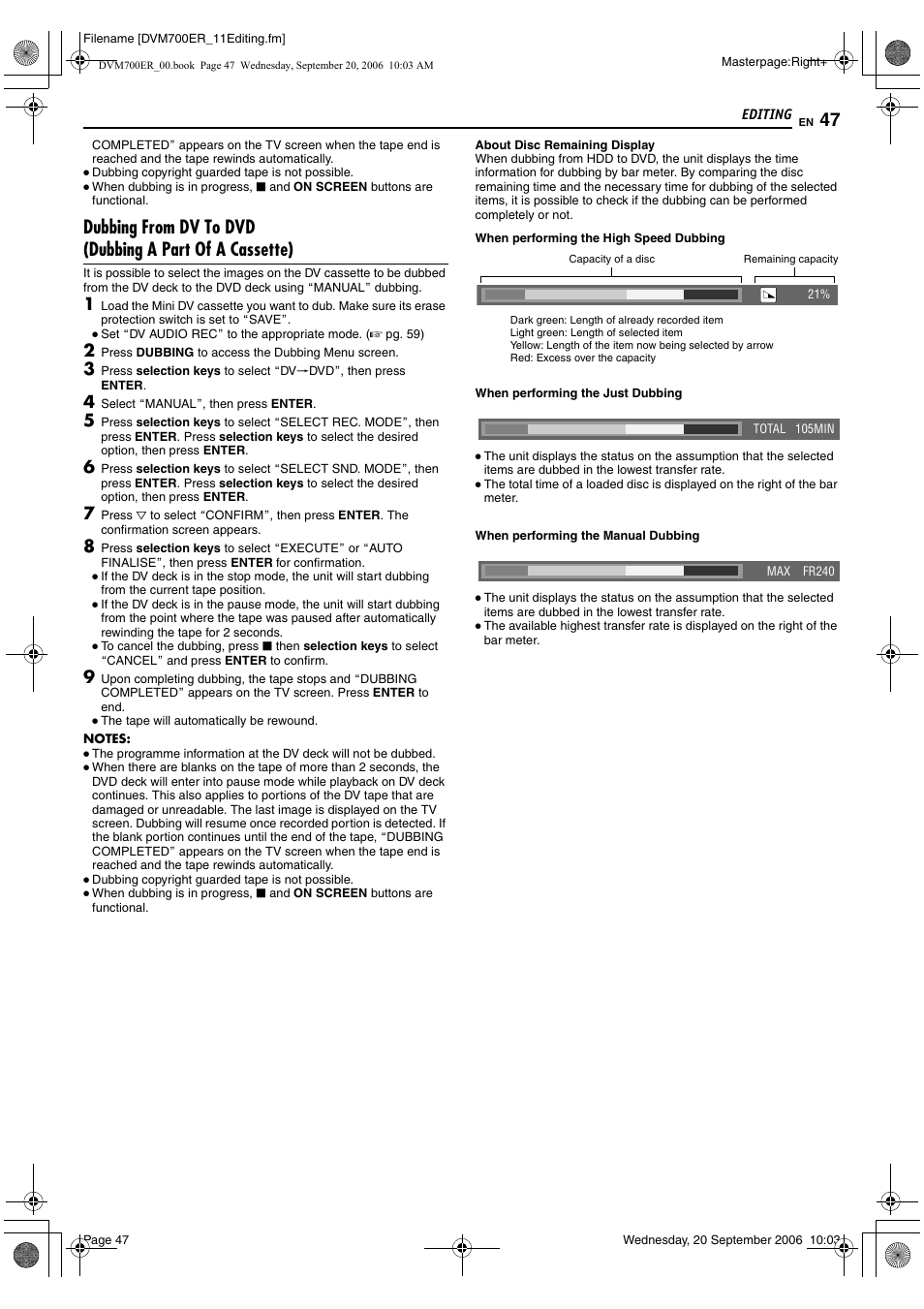 Aabout disc remaining displayb (a pg. 47) | JVC SR-DVM700ER User Manual | Page 47 / 84