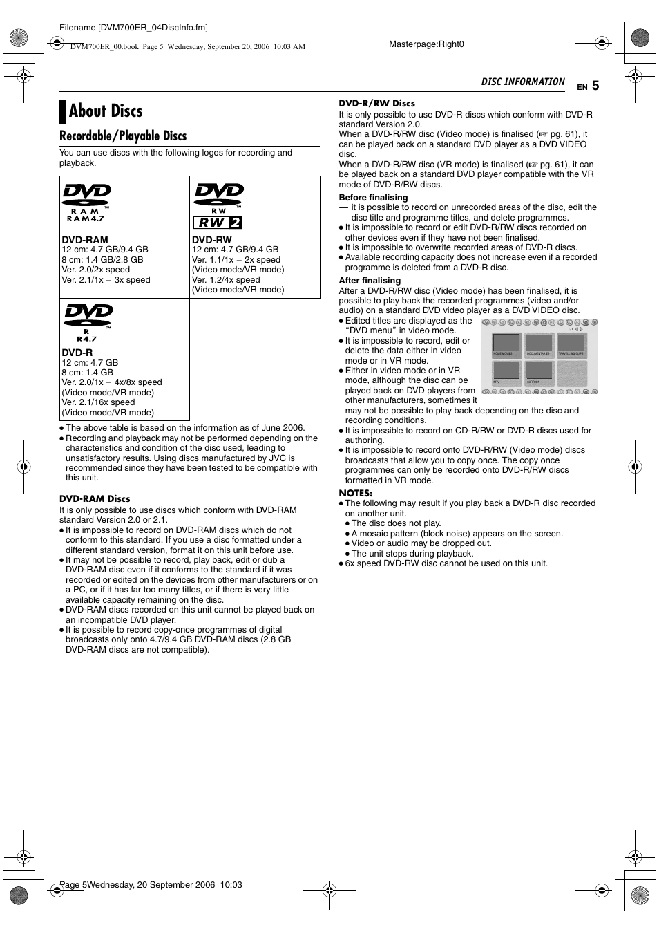 Disc information, About discs, Recordable/playable discs | JVC SR-DVM700ER User Manual | Page 5 / 84