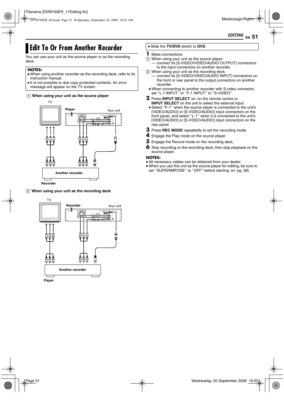 Edit to or from another recorder, S (l-1), A pg. 51 | JVC SR-DVM700ER User Manual | Page 51 / 84