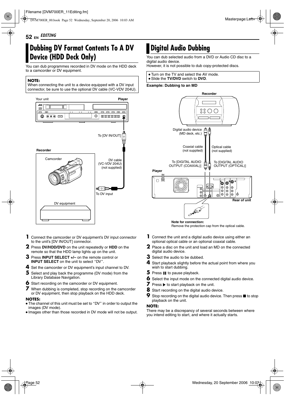 Digital audio dubbing, Dubbing dv format contents to a dv device, Hdd deck only) | A pg. 52, 56 | JVC SR-DVM700ER User Manual | Page 52 / 84