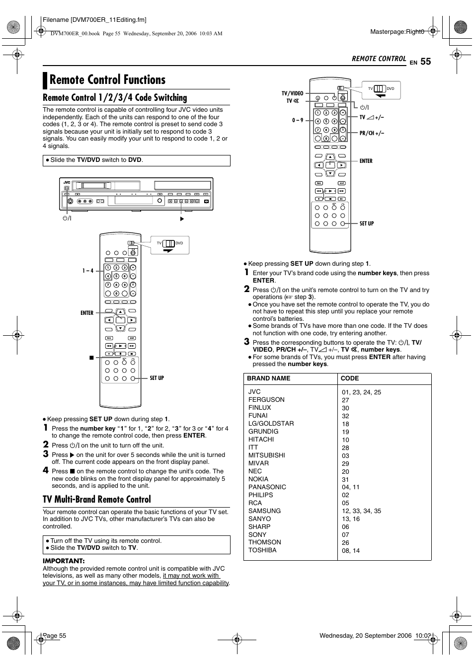 Remote control, Remote control functions, Remote control 1/2/3/4 code switching | Tv multi-brand remote control, A pg. 55, A pg. 55) | JVC SR-DVM700ER User Manual | Page 55 / 84