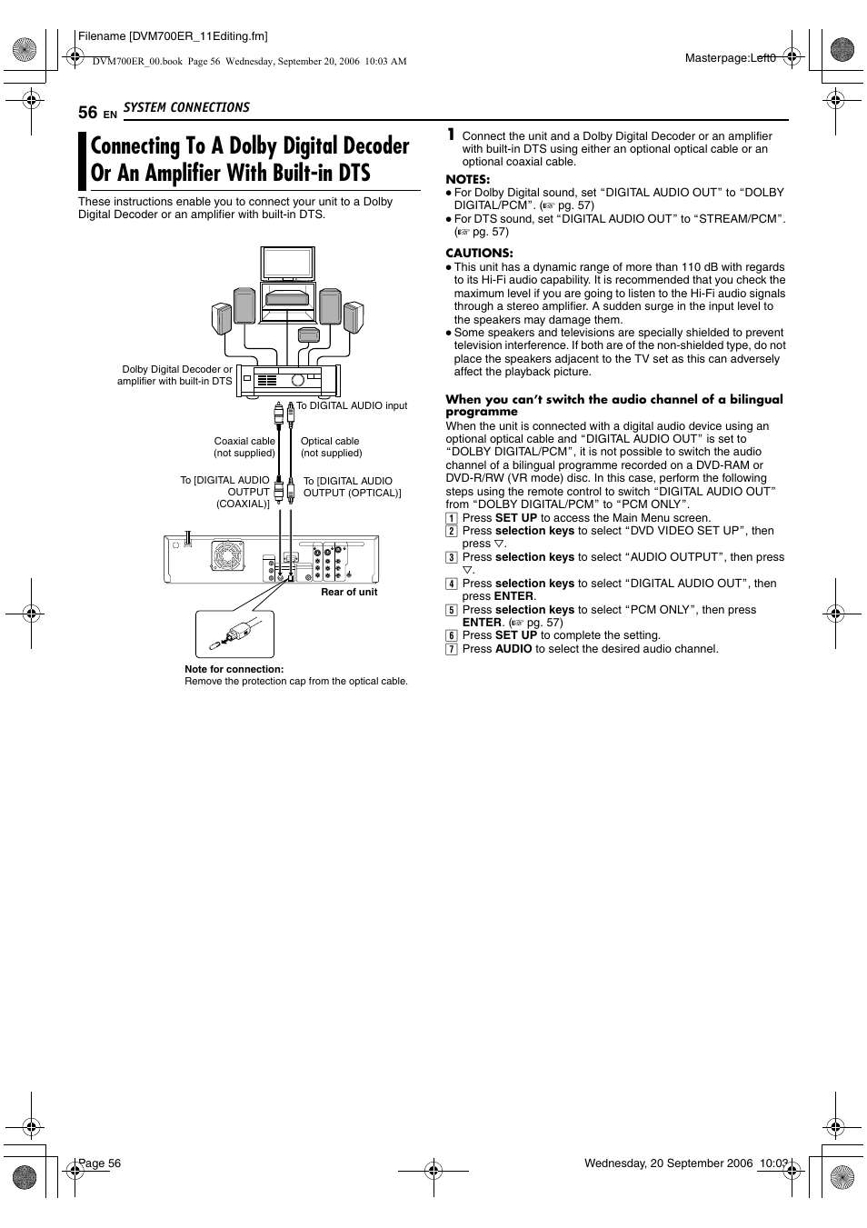 System connections, Connecting to a dolby digital decoder or, An amplifier with built-in dts | JVC SR-DVM700ER User Manual | Page 56 / 84