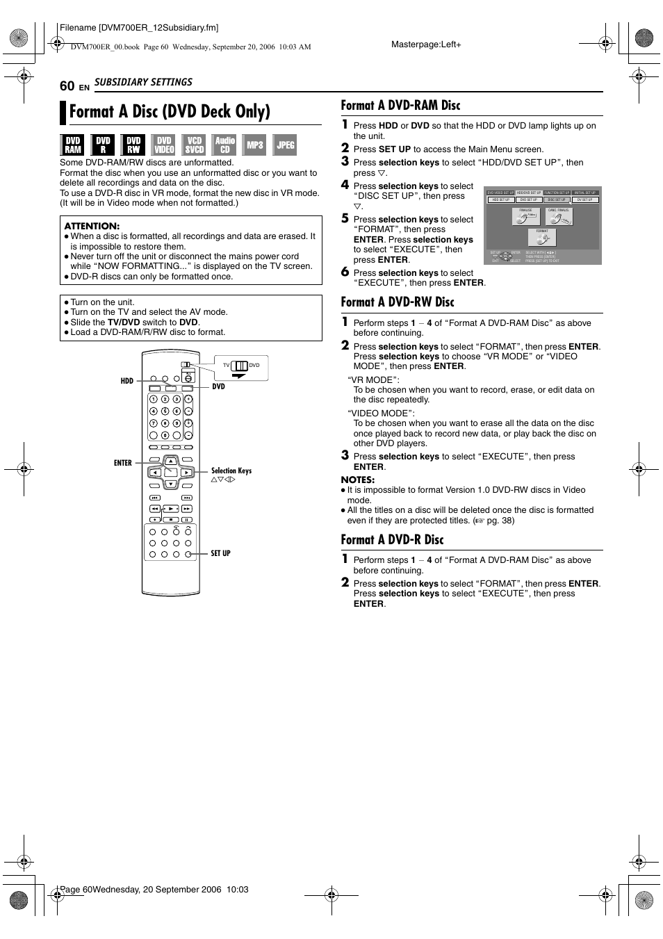 Format a disc (dvd deck only), Format a dvd-ram disc, Format a dvd-rw disc | Format a dvd-r disc, A pg. 60, Disc set up, A pg. 60, 61), Subsidiary settings | JVC SR-DVM700ER User Manual | Page 60 / 84
