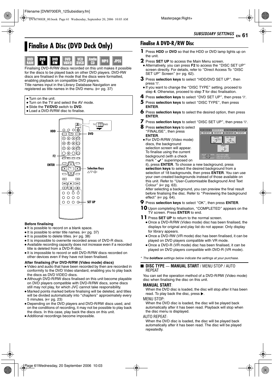 Finalise a disc (dvd deck only), Finalise a dvd-r/rw disc, Ideo mode) is finalised | A pg. 61), it, E) is finalised, A pg. 61, 62, A pg. 61), Subsidiary settings, Disc type, Manual start | JVC SR-DVM700ER User Manual | Page 61 / 84