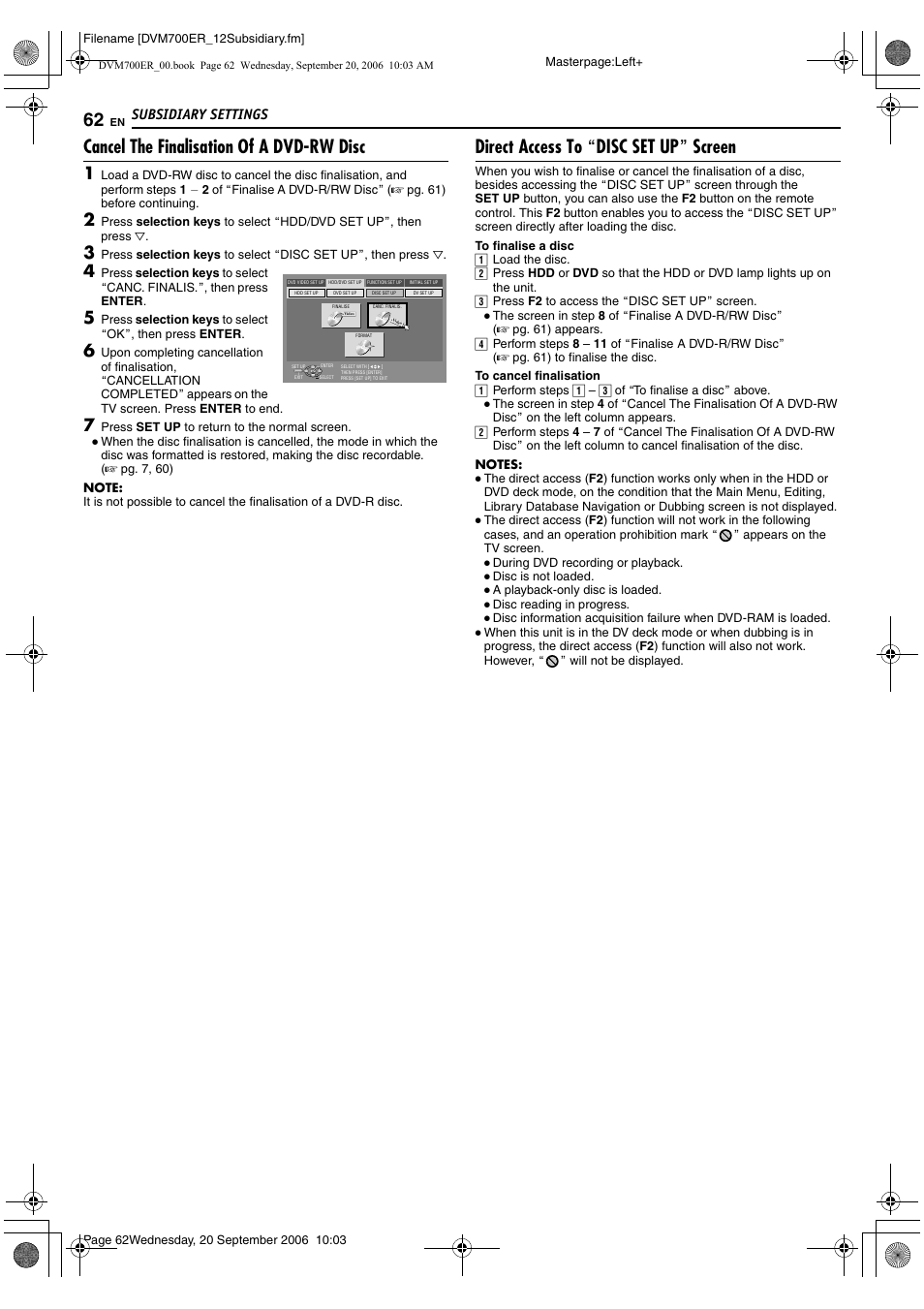 Cancel the finalisation of a dvd-rw disc, Direct access to "disc set up" screen, Er to | Adirect access to adisc, Set up, B screenb (a pg. 62), Direct access to adisc set upb screen, Subsidiary settings | JVC SR-DVM700ER User Manual | Page 62 / 84