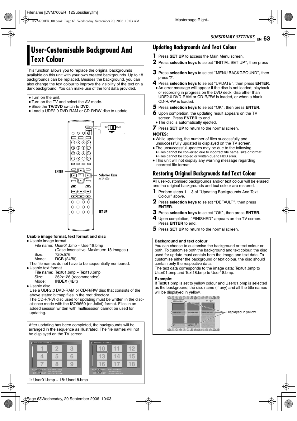 User-customisable background and text colour, Updating backgrounds and text colour, Restoring original backgrounds and text colour | A pg. 63), Auser-customisable background and text, Colour, B (a pg. 63) | JVC SR-DVM700ER User Manual | Page 63 / 84