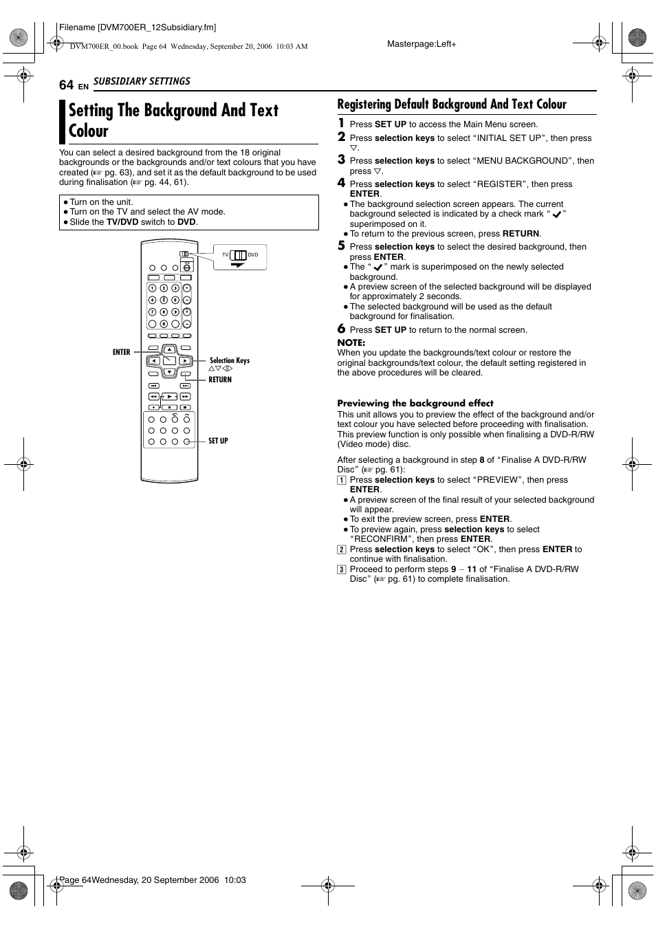 Setting the background and text colour, Registering default background and text colour, Apreviewing the background | Effect, B (a pg. 64) | JVC SR-DVM700ER User Manual | Page 64 / 84