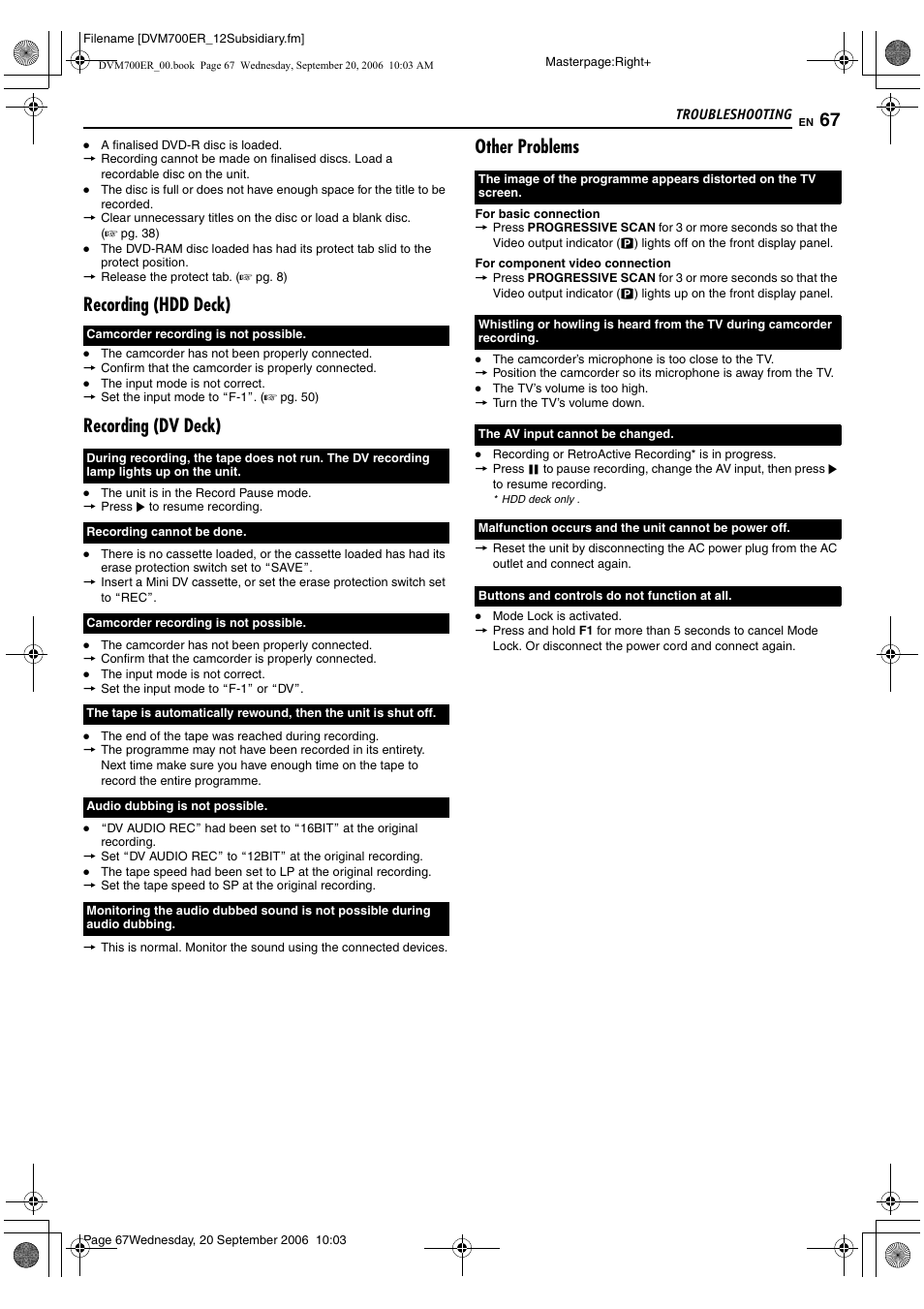 Recording (hdd deck), Recording (dv deck), Other problems | JVC SR-DVM700ER User Manual | Page 67 / 84