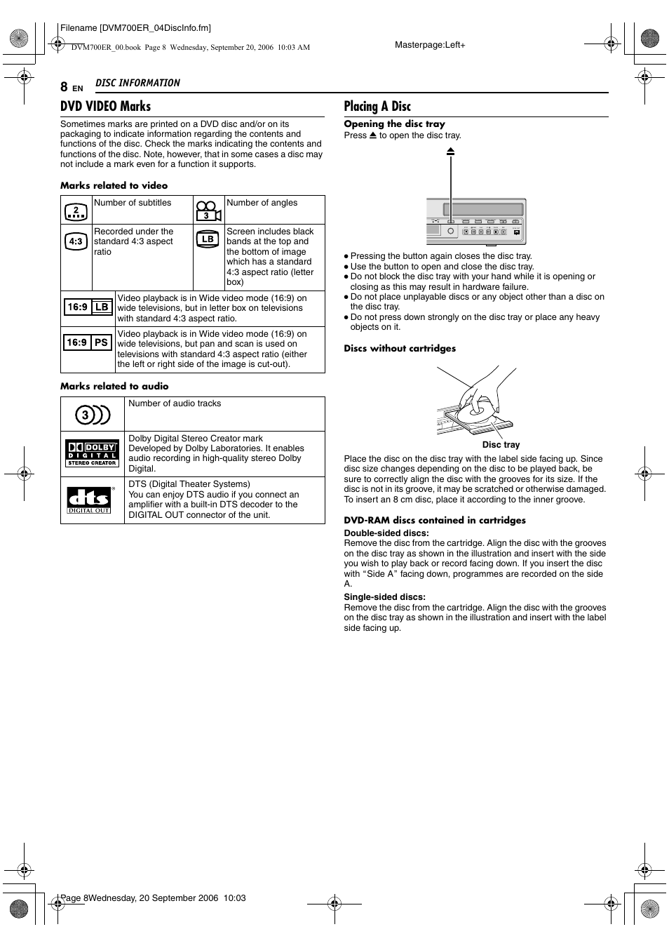 Dvd video marks, Placing a disc, Disc information | JVC SR-DVM700ER User Manual | Page 8 / 84
