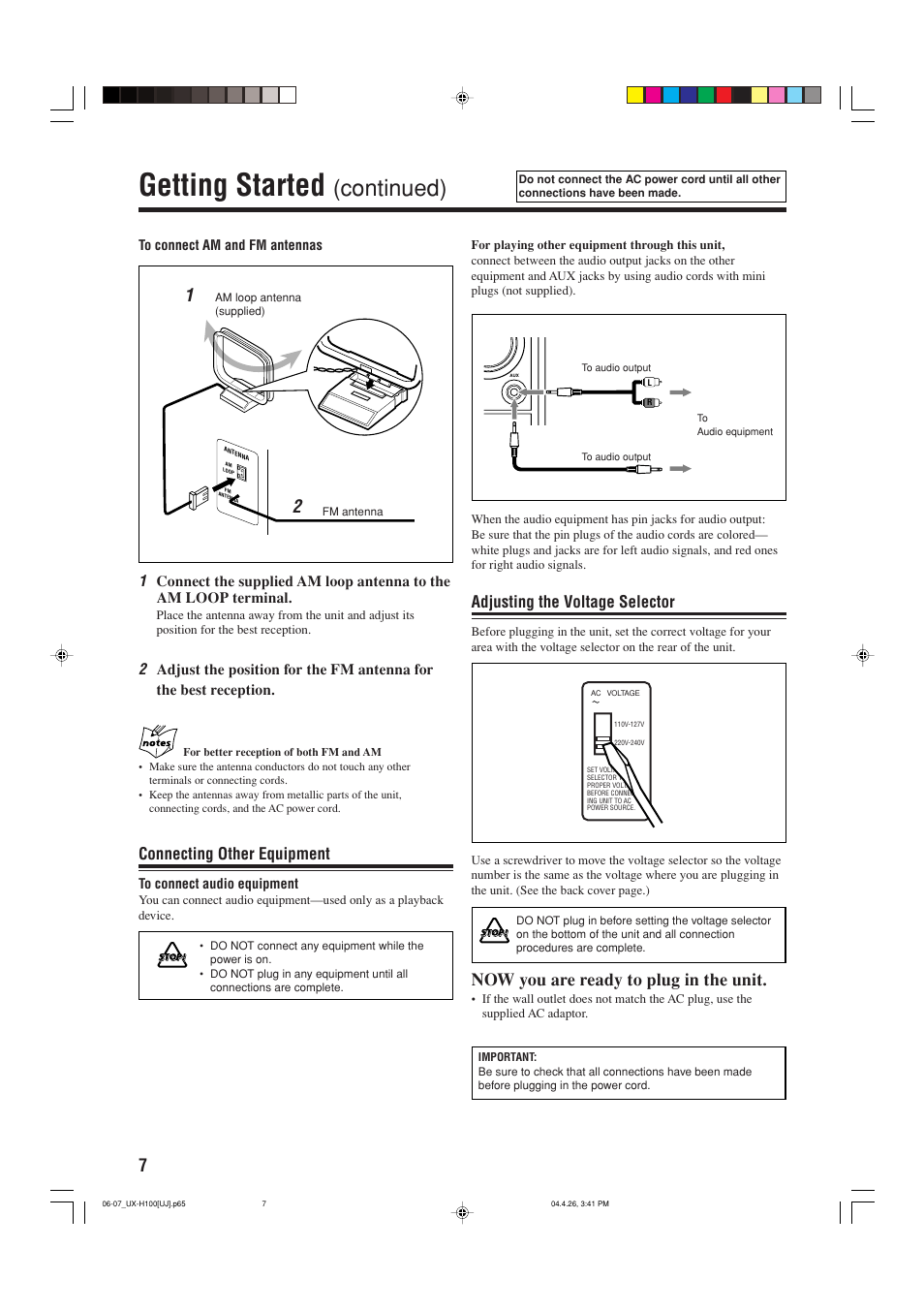 Getting started, Continued), Now you are ready to plug in the unit | Connecting other equipment, Adjusting the voltage selector | JVC CA-UXH100 User Manual | Page 10 / 80