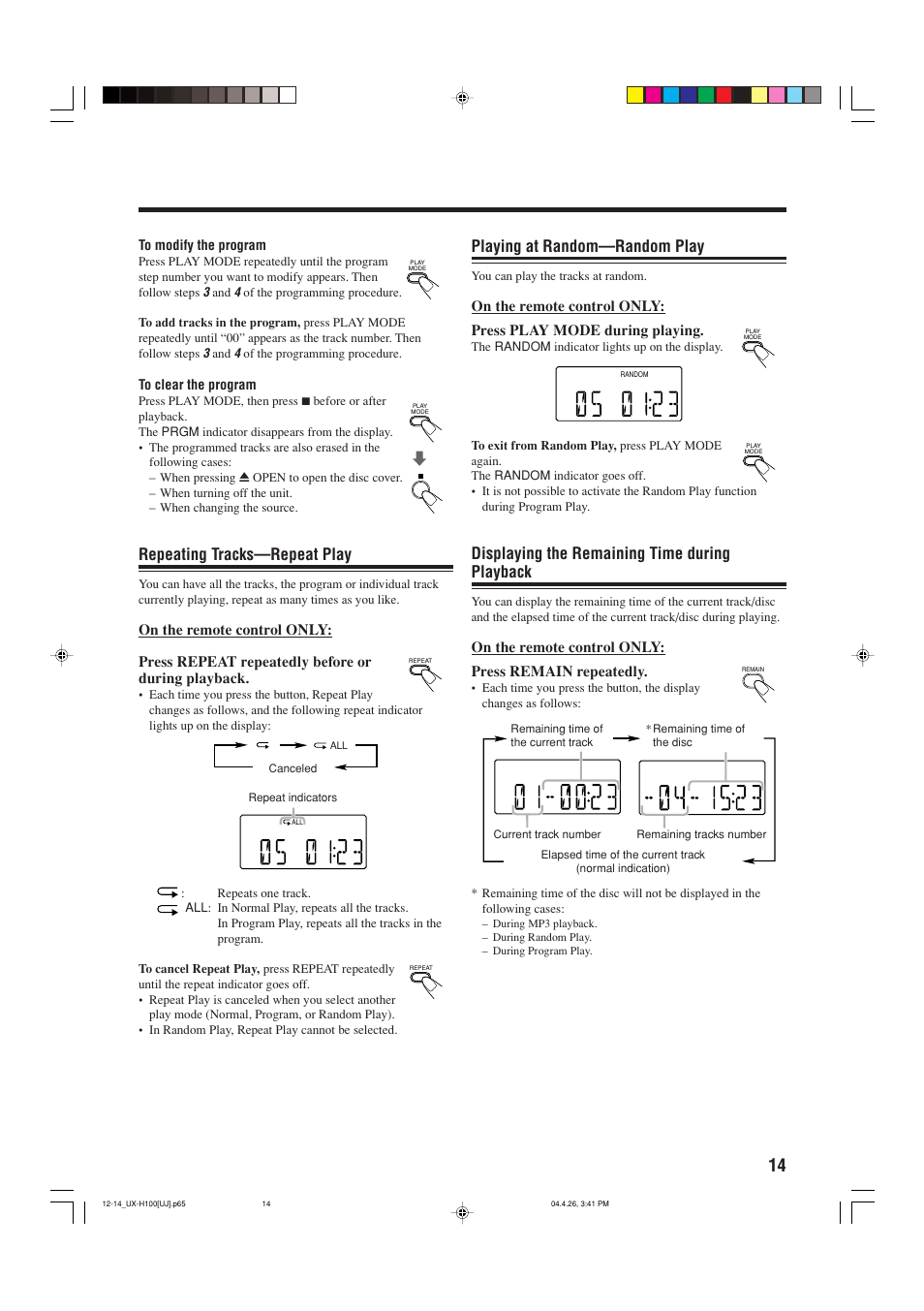 Playing at random—random play, Displaying the remaining time during playback, Repeating tracks—repeat play | JVC CA-UXH100 User Manual | Page 17 / 80