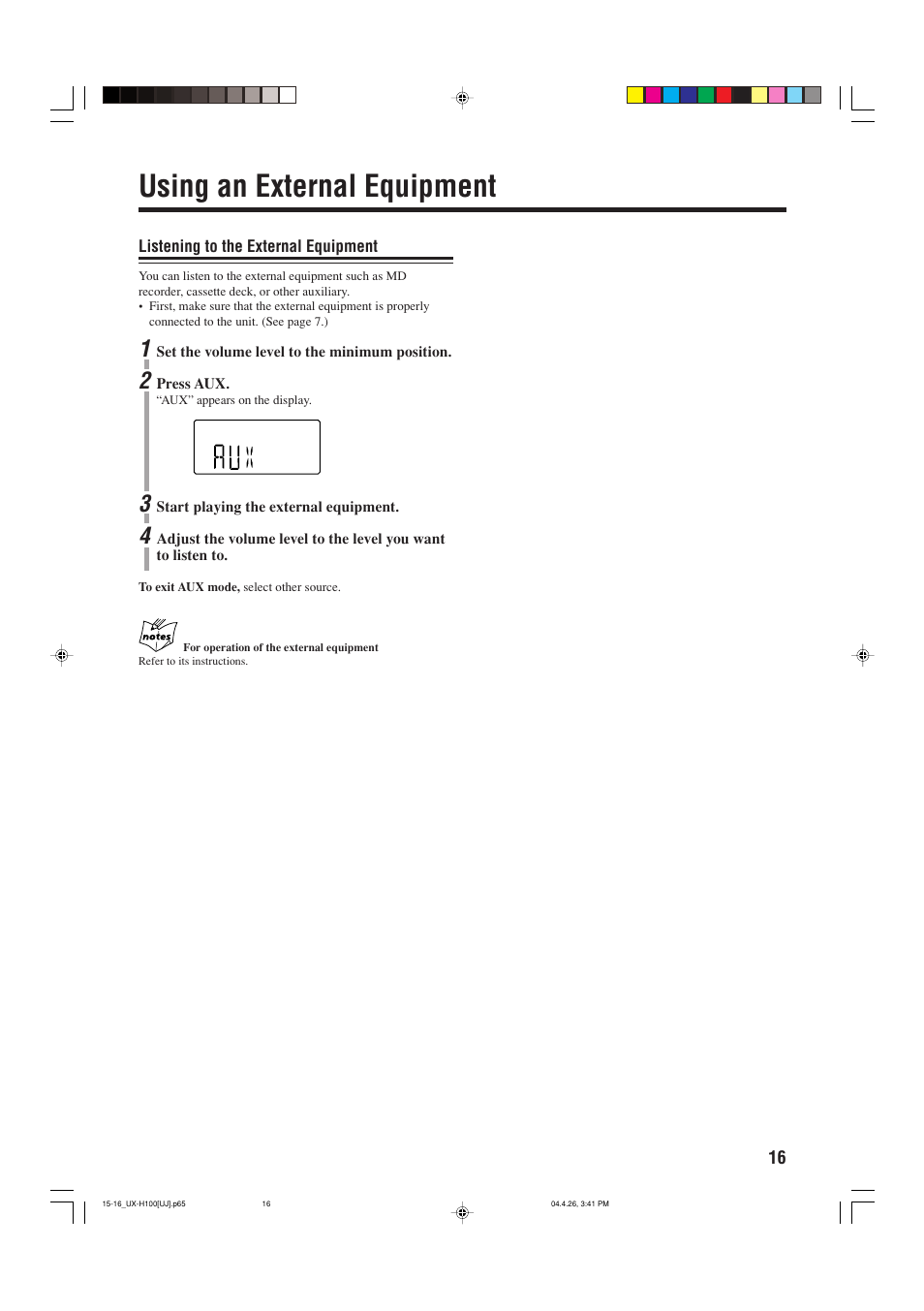 Using an external equipment | JVC CA-UXH100 User Manual | Page 19 / 80