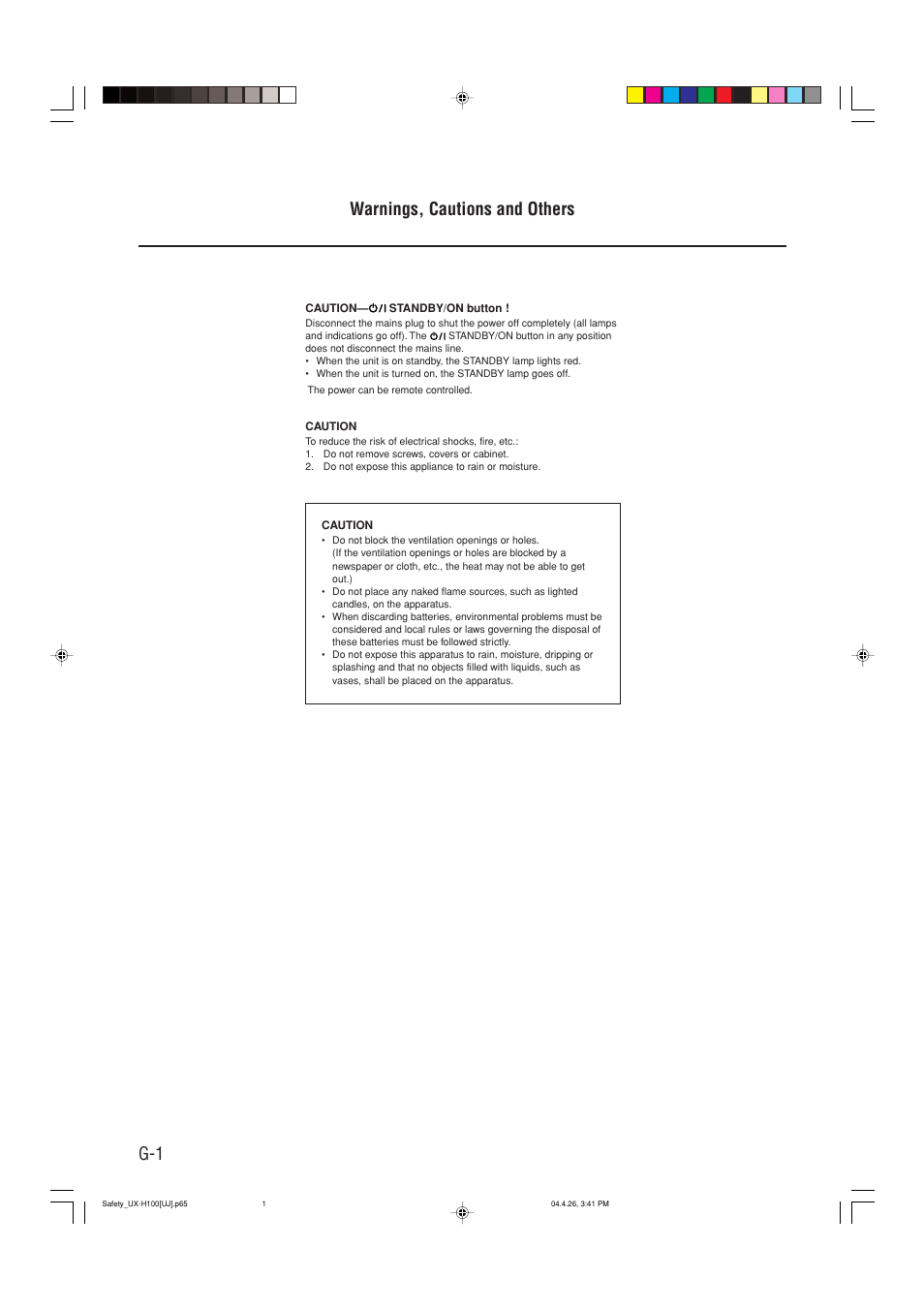 Warnings, cautions and others, G-1 warnings, cautions and others | JVC CA-UXH100 User Manual | Page 2 / 80