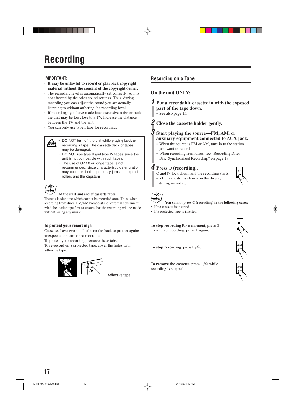 Recording | JVC CA-UXH100 User Manual | Page 20 / 80