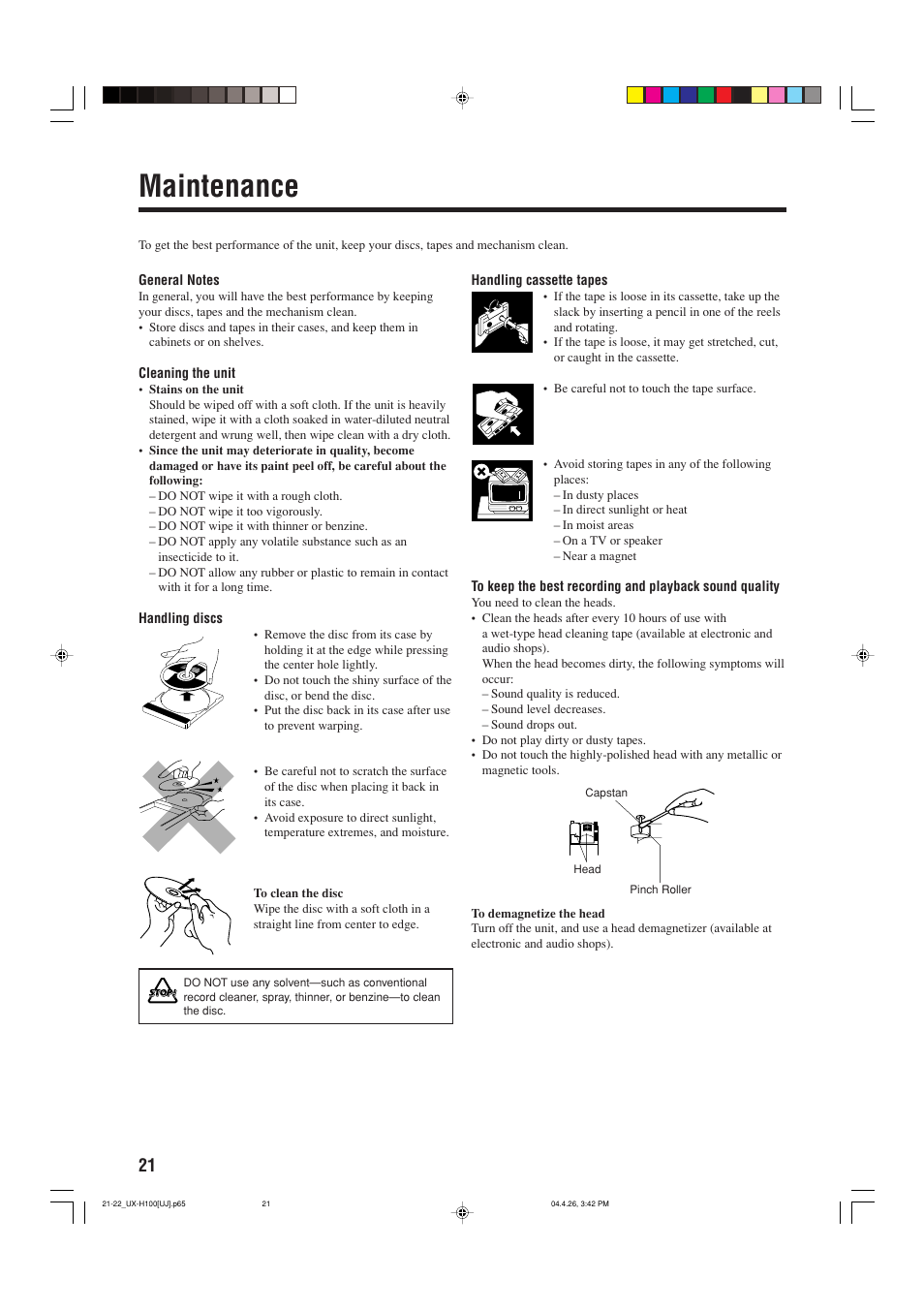 Maintenance | JVC CA-UXH100 User Manual | Page 24 / 80