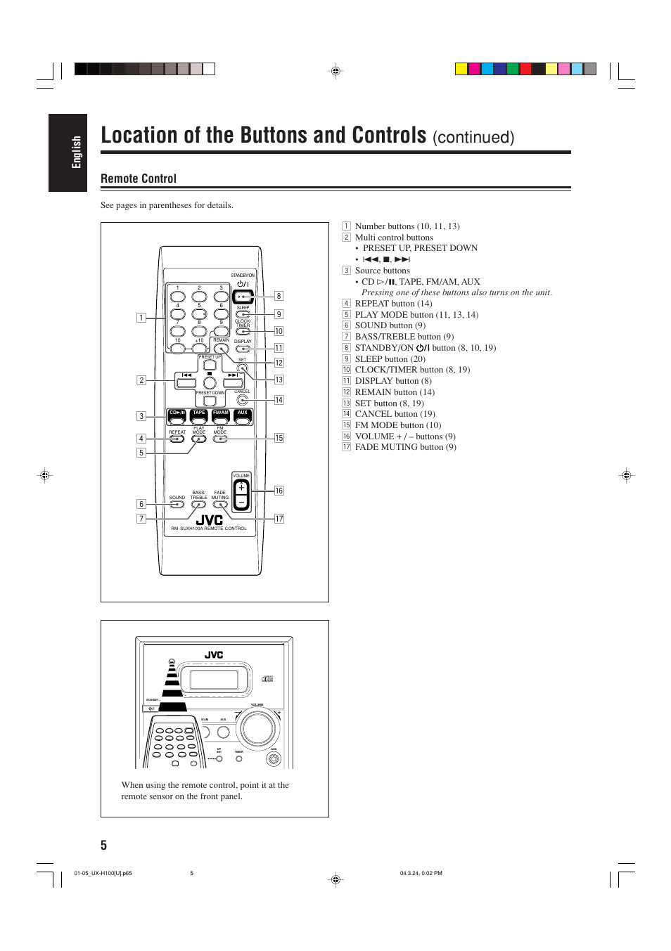 Location of the buttons and controls, Continued), Remote control | English, See pages in parentheses for details | JVC CA-UXH100 User Manual | Page 36 / 80