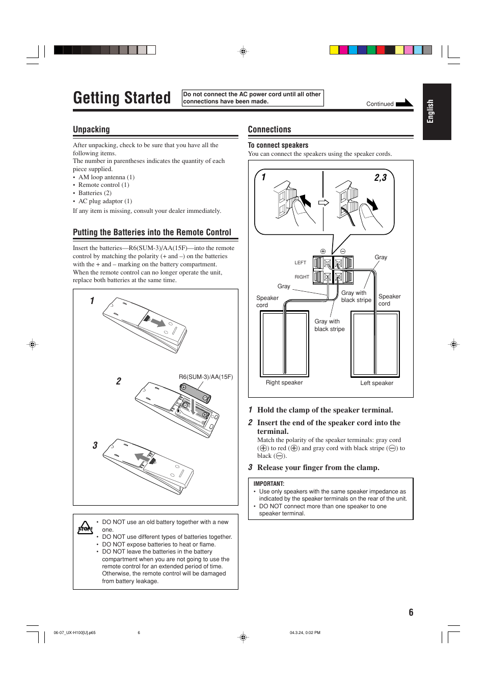 Getting started, Unpacking, Putting the batteries into the remote control | Connections | JVC CA-UXH100 User Manual | Page 37 / 80