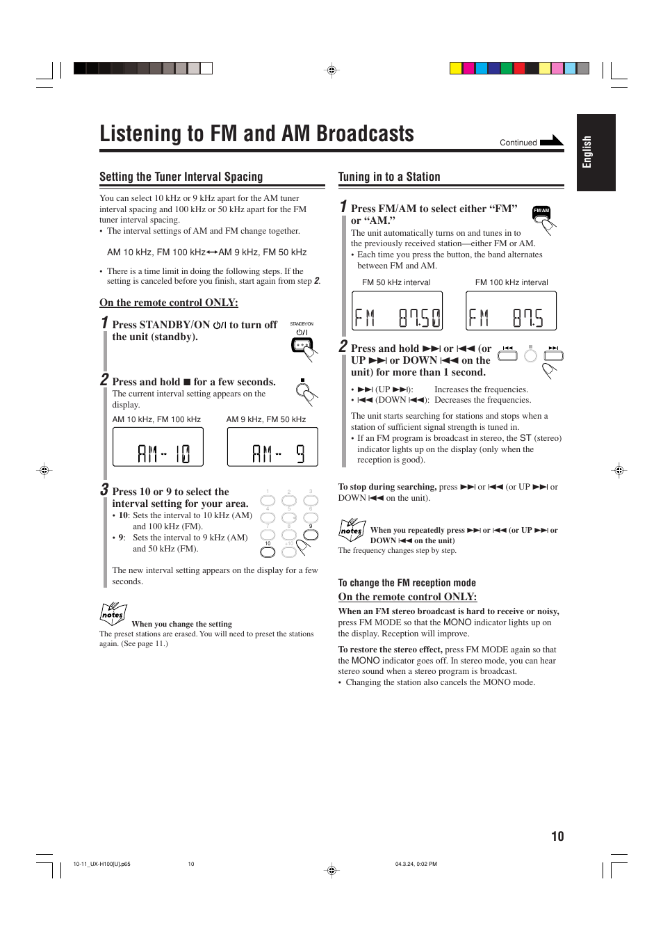 Listening to fm and am broadcasts, Tuning in to a station, Setting the tuner interval spacing | JVC CA-UXH100 User Manual | Page 41 / 80