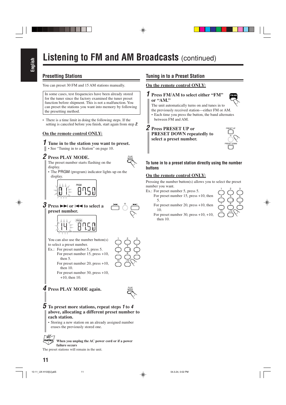 Listening to fm and am broadcasts, Continued), Tuning in to a preset station | Presetting stations | JVC CA-UXH100 User Manual | Page 42 / 80