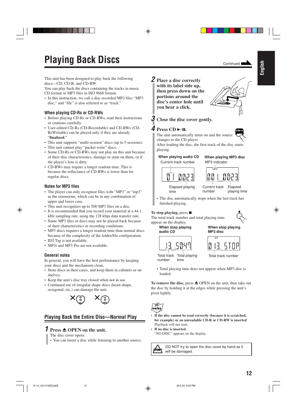 Playing back discs, Playing back the entire disc—normal play | JVC CA-UXH100 User Manual | Page 43 / 80