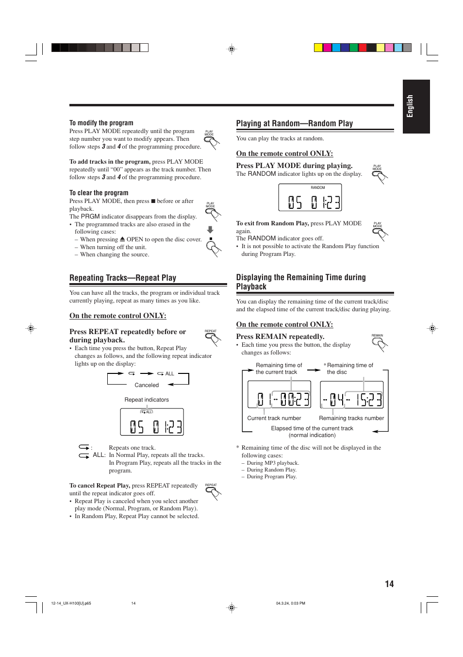 Playing at random—random play, Displaying the remaining time during playback, Repeating tracks—repeat play | JVC CA-UXH100 User Manual | Page 45 / 80