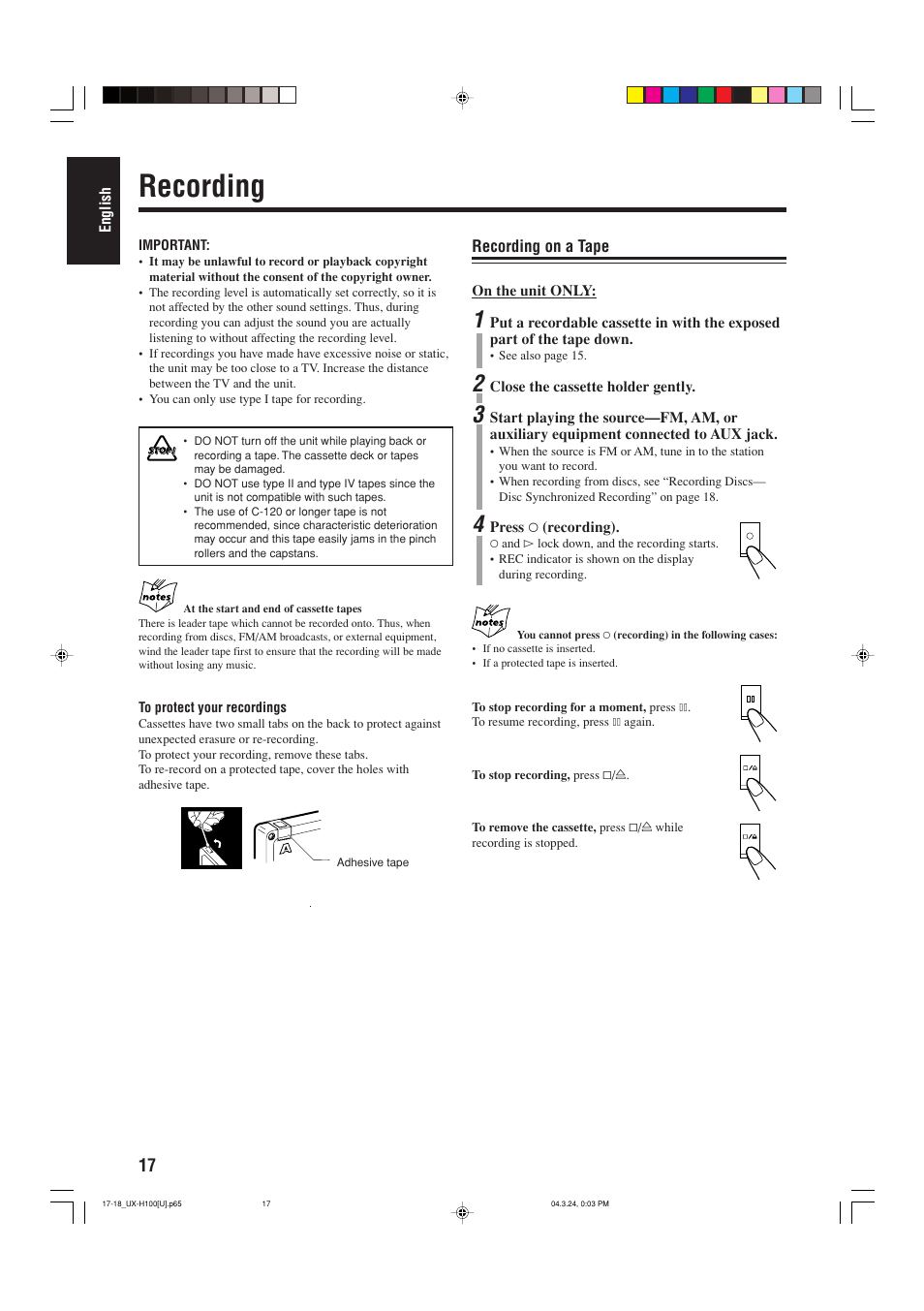 Recording | JVC CA-UXH100 User Manual | Page 48 / 80