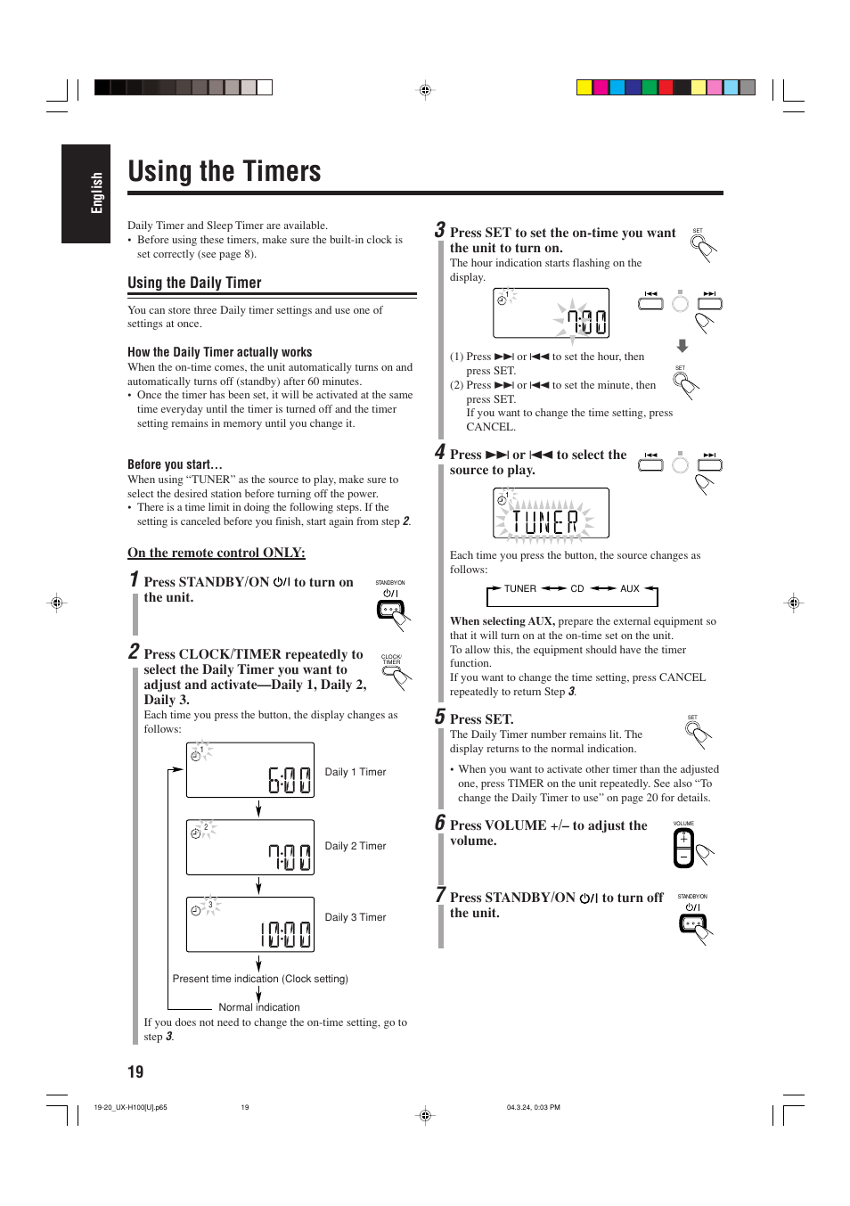 Using the timers, Using the daily timer | JVC CA-UXH100 User Manual | Page 50 / 80