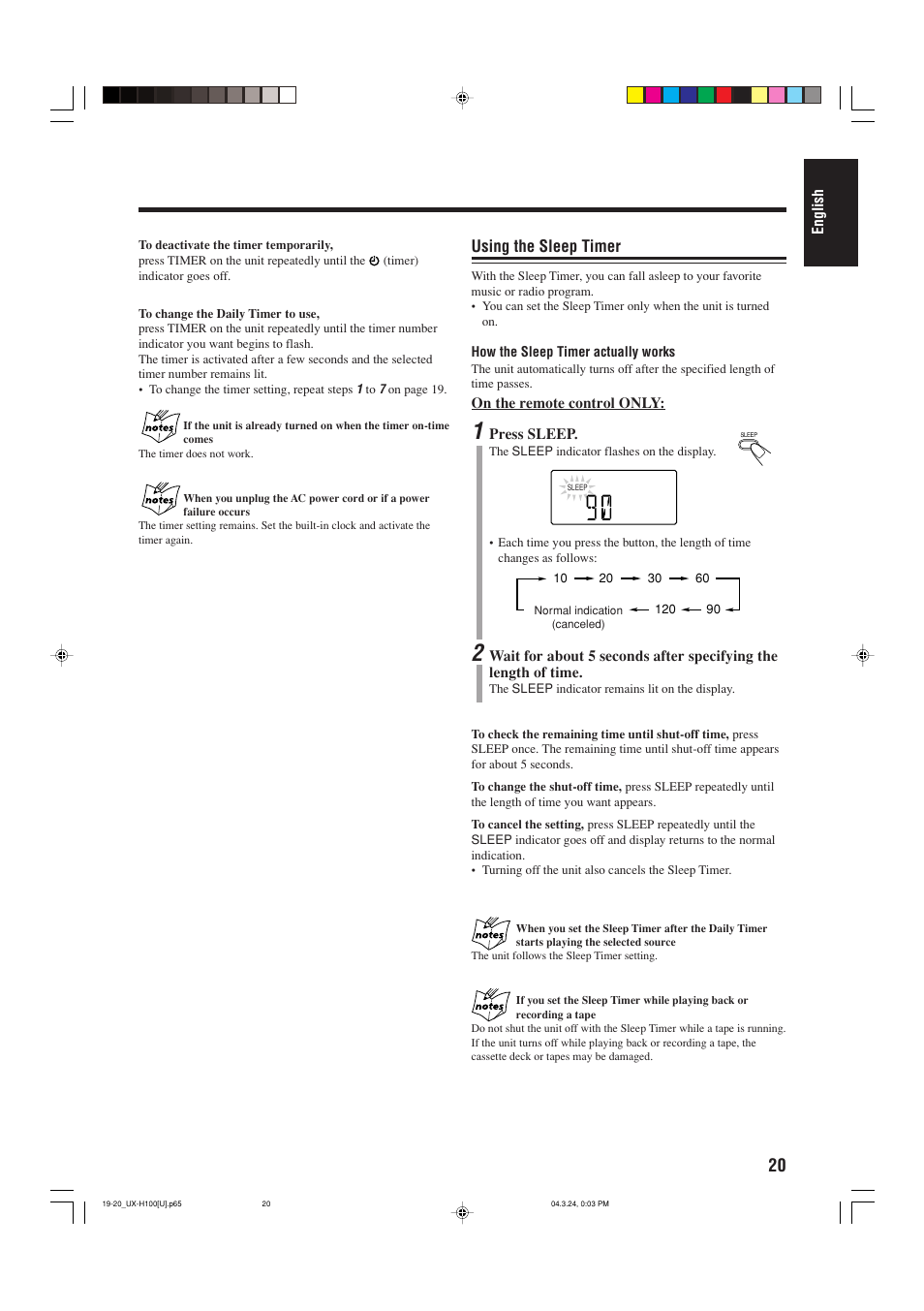 Using the sleep timer | JVC CA-UXH100 User Manual | Page 51 / 80