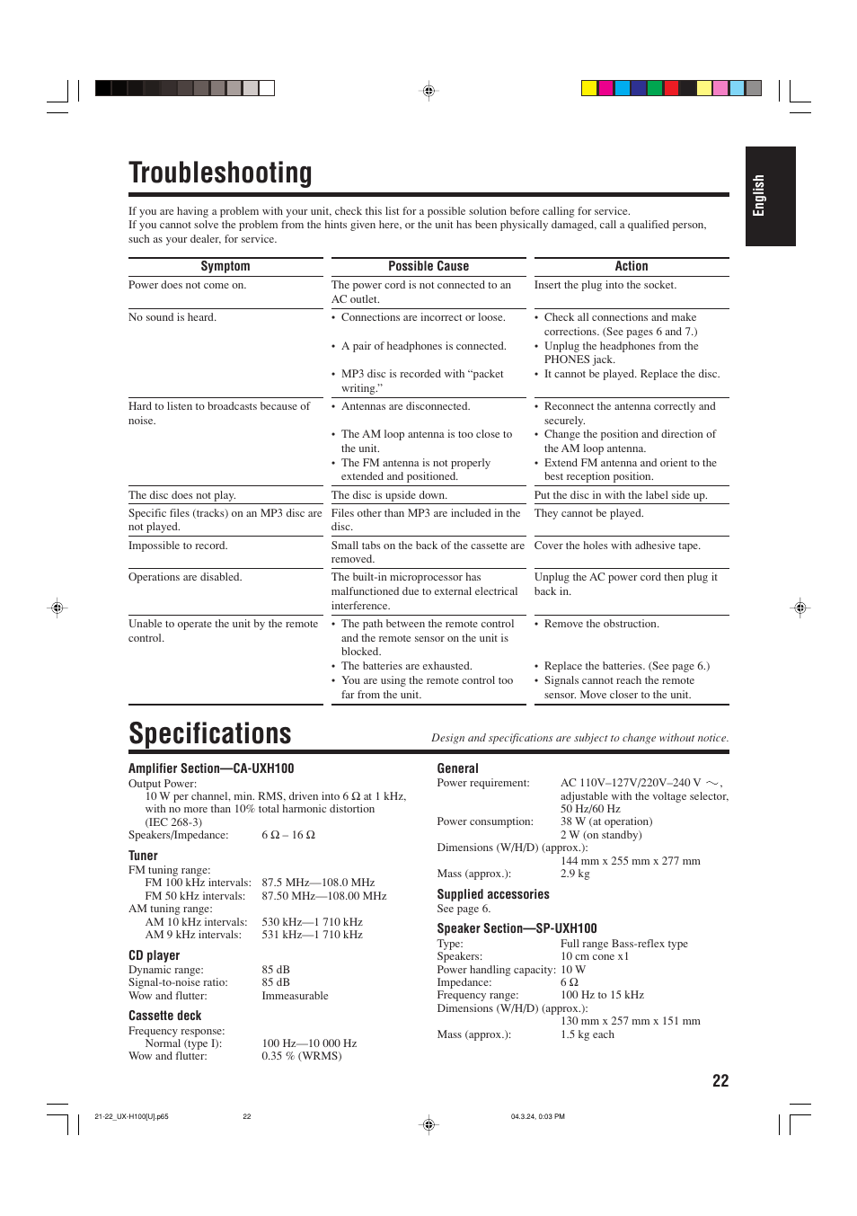 Troubleshooting, Specifications | JVC CA-UXH100 User Manual | Page 53 / 80