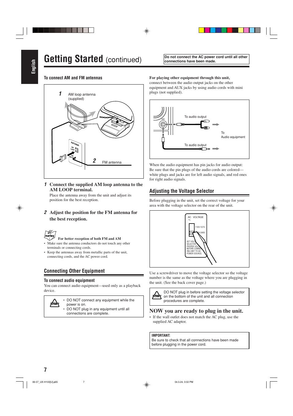 Getting started, Continued), Now you are ready to plug in the unit | Connecting other equipment, Adjusting the voltage selector | JVC CA-UXH100 User Manual | Page 64 / 80