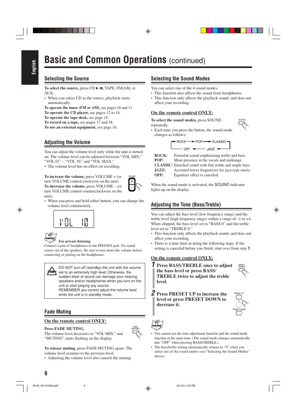 Basic and common operations, Continued), Selecting the source | Adjusting the volume, Fade muting, Selecting the sound modes, Adjusting the tone (bass/treble) | JVC CA-UXH100 User Manual | Page 66 / 80