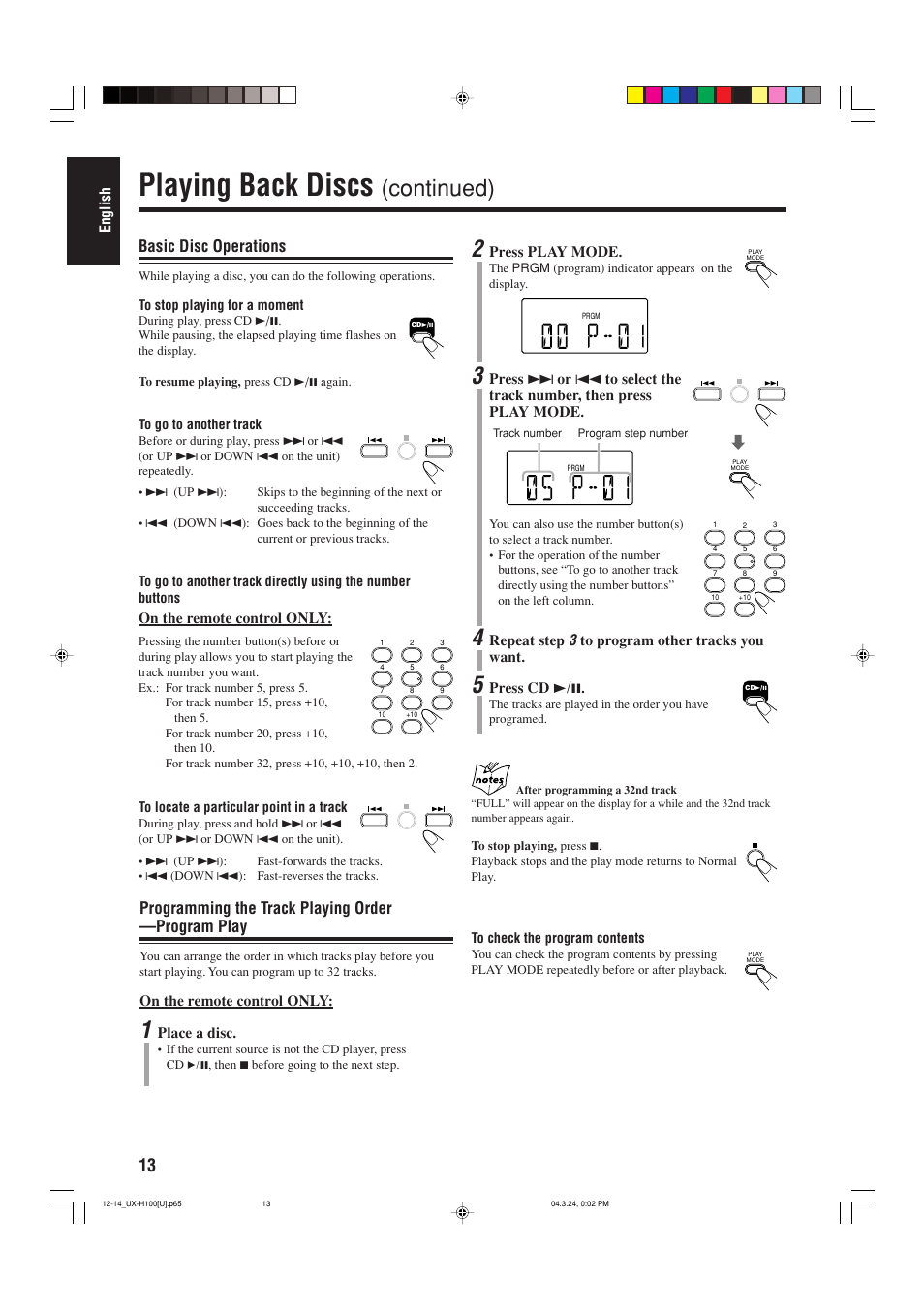 Playing back discs, Continued), Basic disc operations | Programming the track playing order —program play | JVC CA-UXH100 User Manual | Page 70 / 80