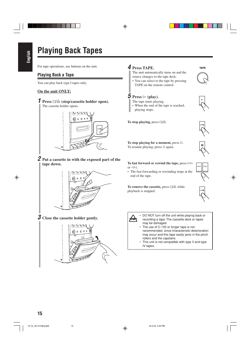 Playing back tapes | JVC CA-UXH100 User Manual | Page 72 / 80