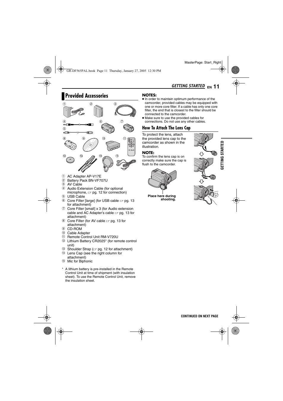 Provided accessories, How to attach the lens cap | JVC GR-DF565 User Manual | Page 11 / 68