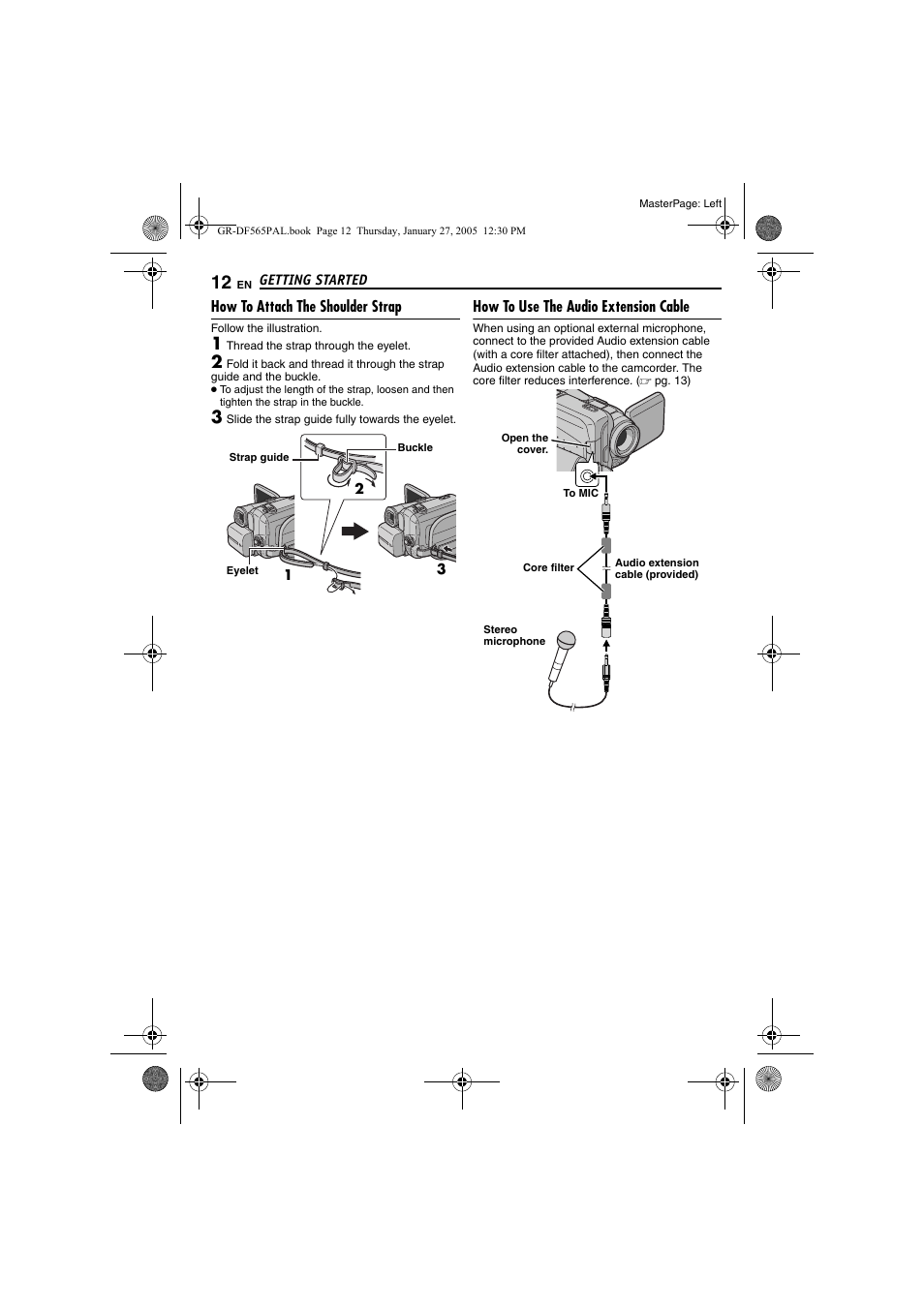 How to attach the shoulder strap, How to use the audio extension cable, Pg. 12) | Pg. 12, Pg. 12 f | JVC GR-DF565 User Manual | Page 12 / 68