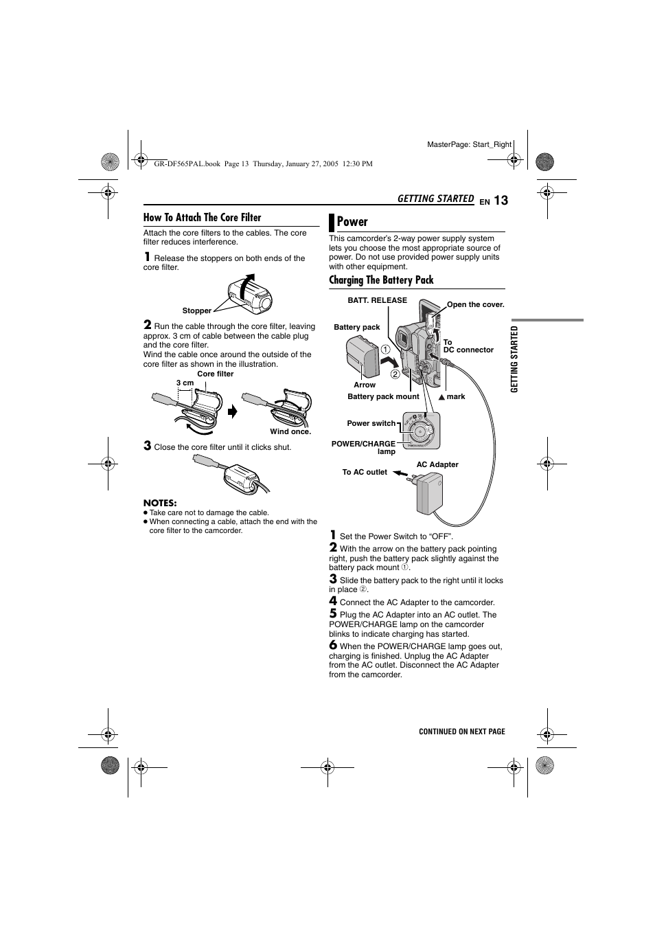 How to attach the core filter, Power, Charging the battery pack | R [dc, Pg. 13), Pg. 13, 19, Pg. 13, Pg. 13 f | JVC GR-DF565 User Manual | Page 13 / 68