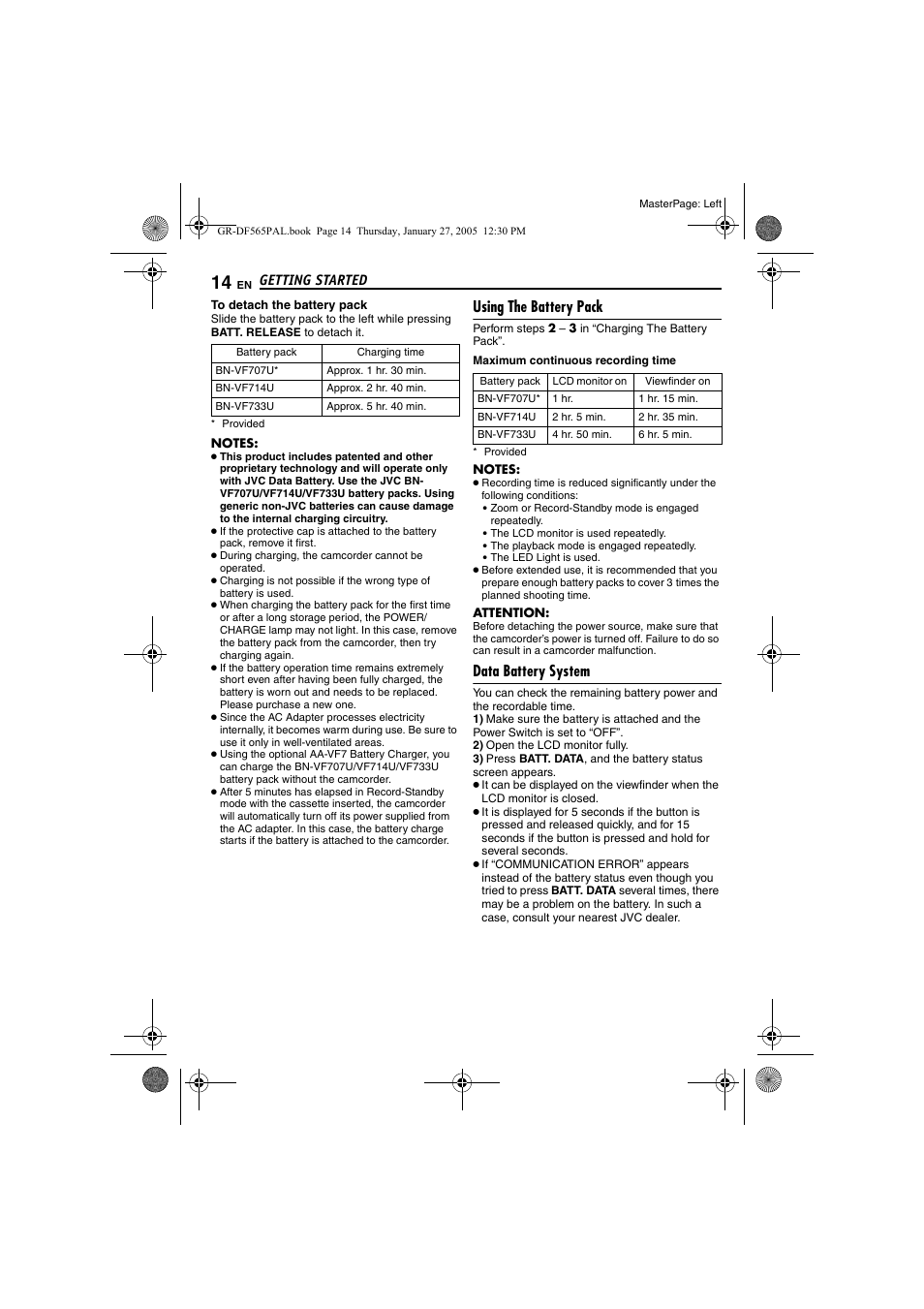 Using the battery pack, Data battery system, Pg. 14) | Getting started | JVC GR-DF565 User Manual | Page 14 / 68