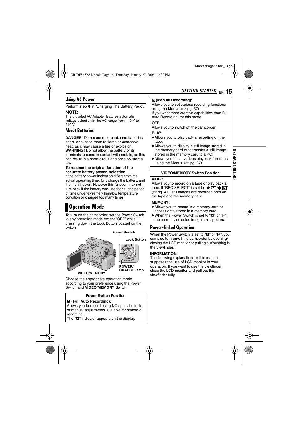 Using ac power, About batteries, Operation mode | Power-linked operation, Pg. 15) | JVC GR-DF565 User Manual | Page 15 / 68