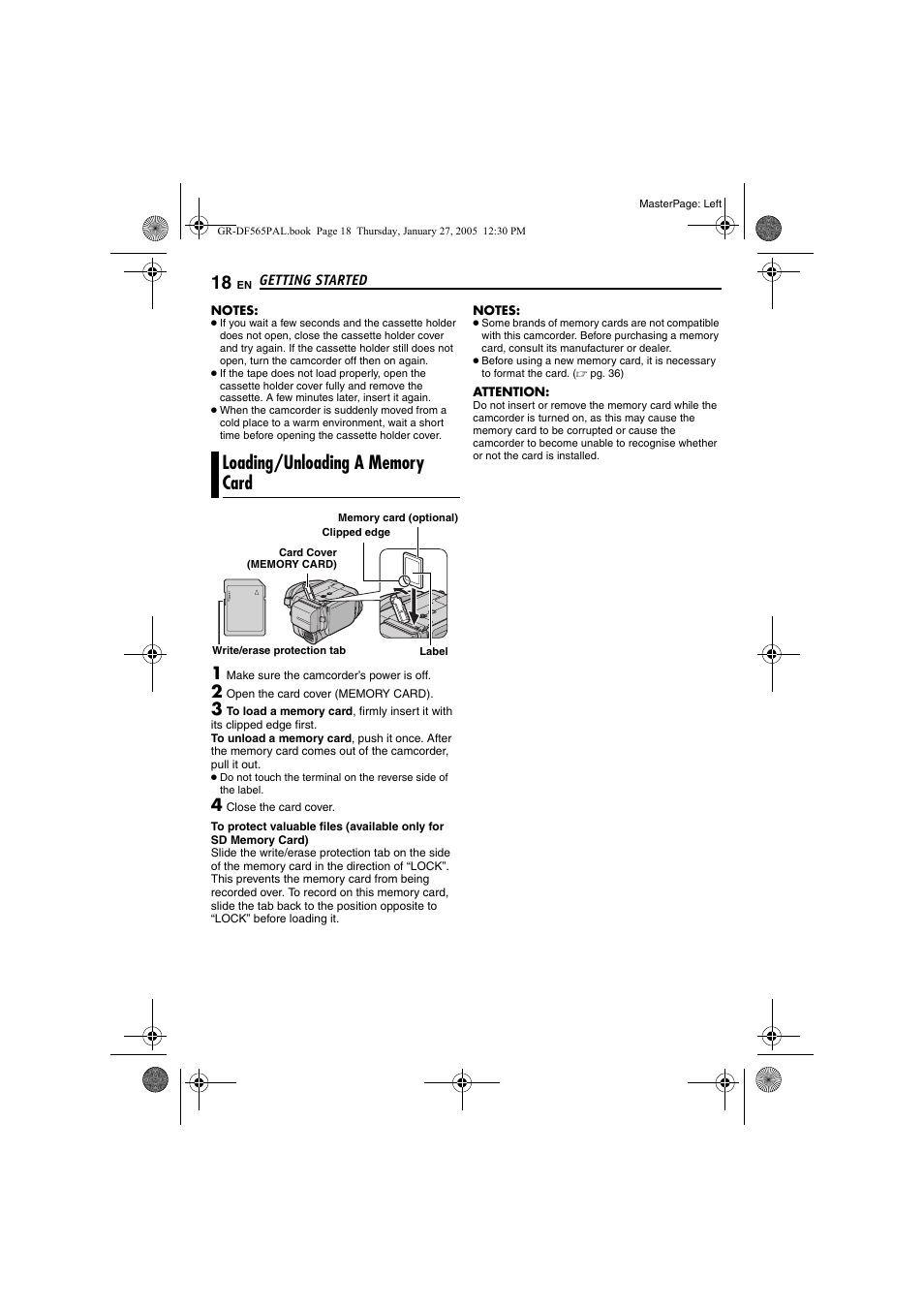 Loading/unloading a memory card, Pg. 18) | JVC GR-DF565 User Manual | Page 18 / 68